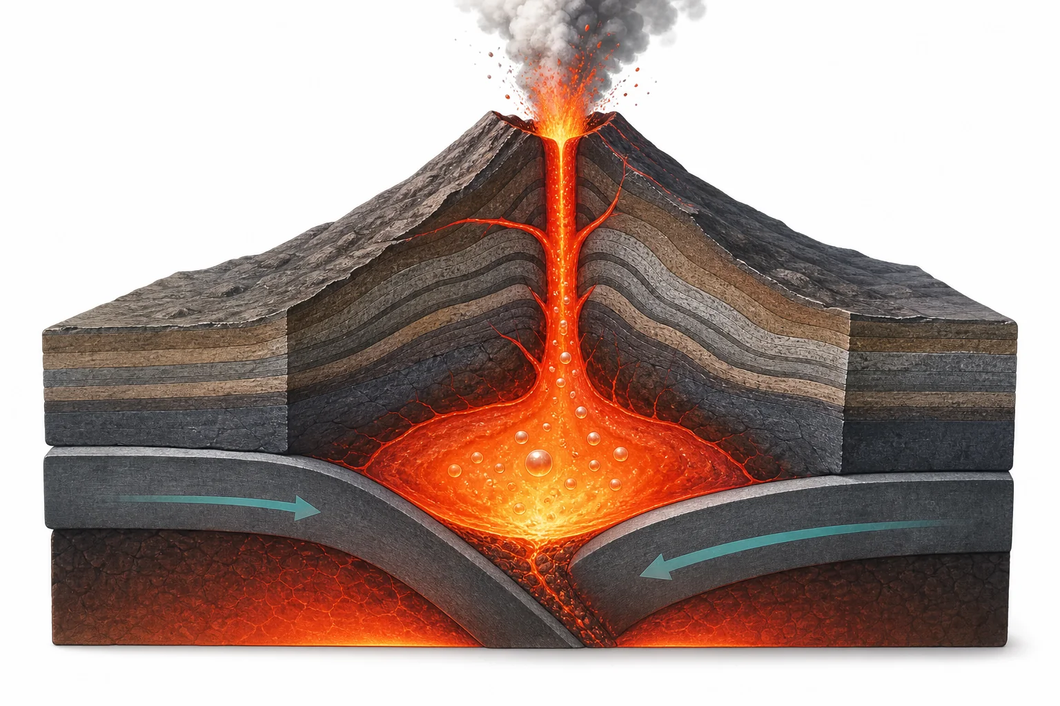 Cutaway view of a volcano showing magma rising from below the crust to an opening at the surface