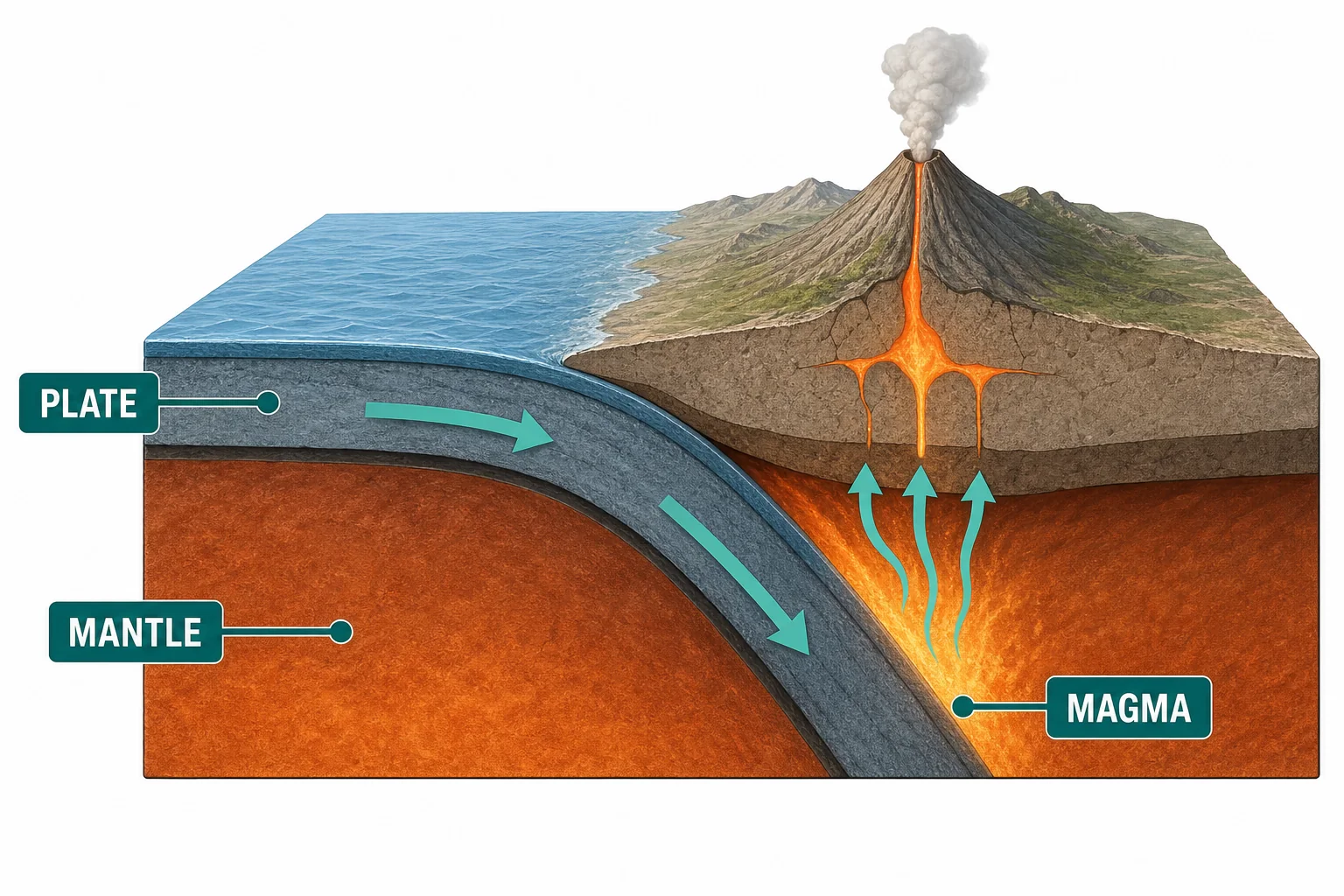 Diagram of a subduction zone where one plate sinks below another and magma forms above it