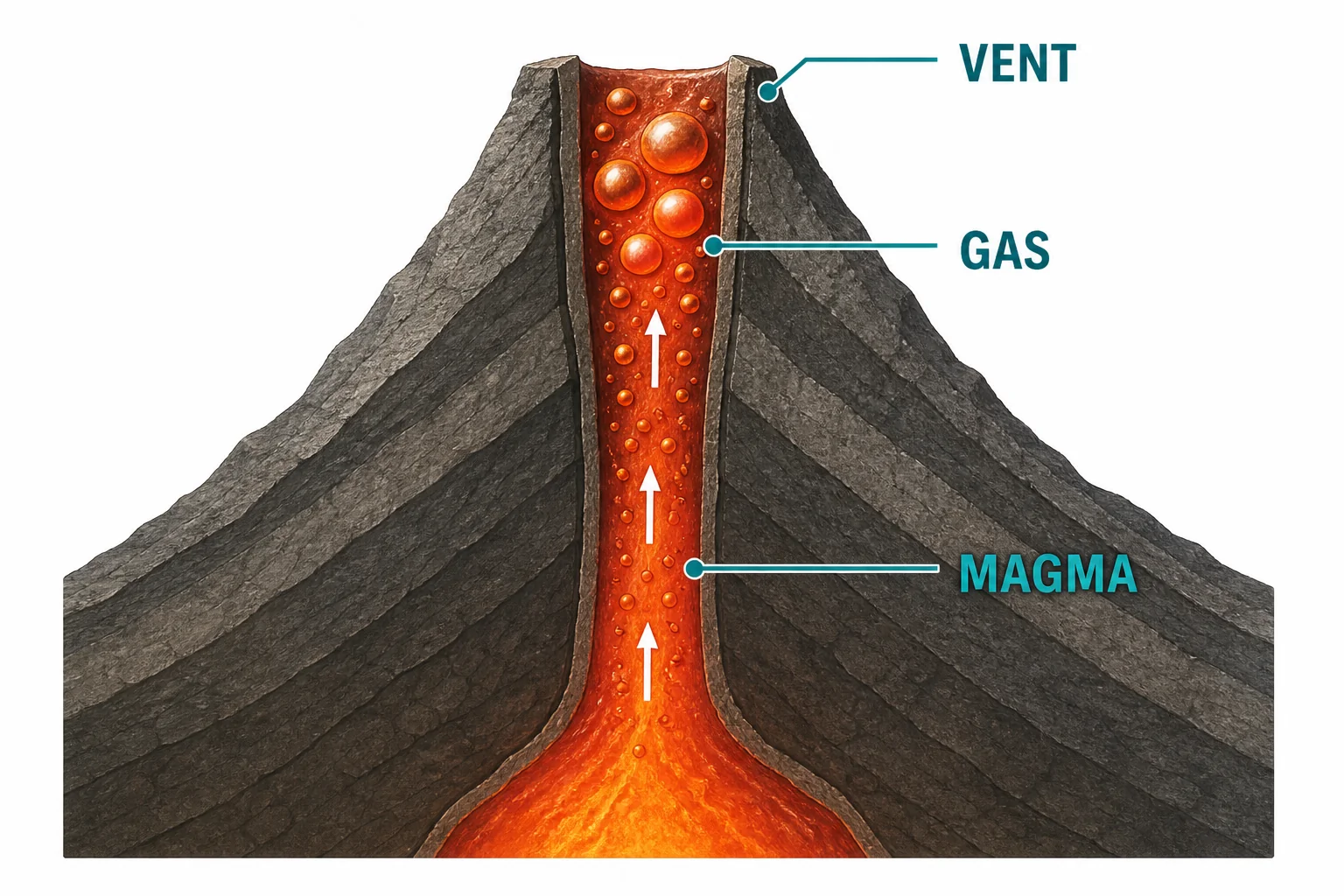Close-up cutaway of magma with gas bubbles expanding as it rises toward a volcano vent