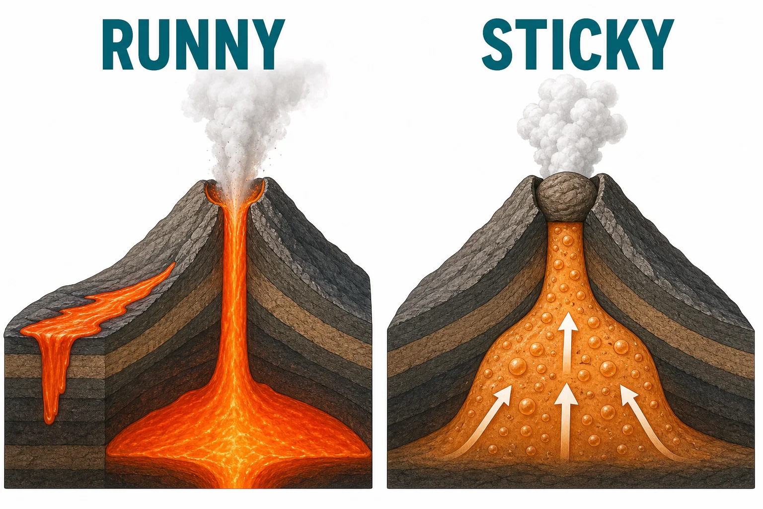 Comparison of runny low-viscosity magma releasing gas and sticky high-viscosity magma trapping gas