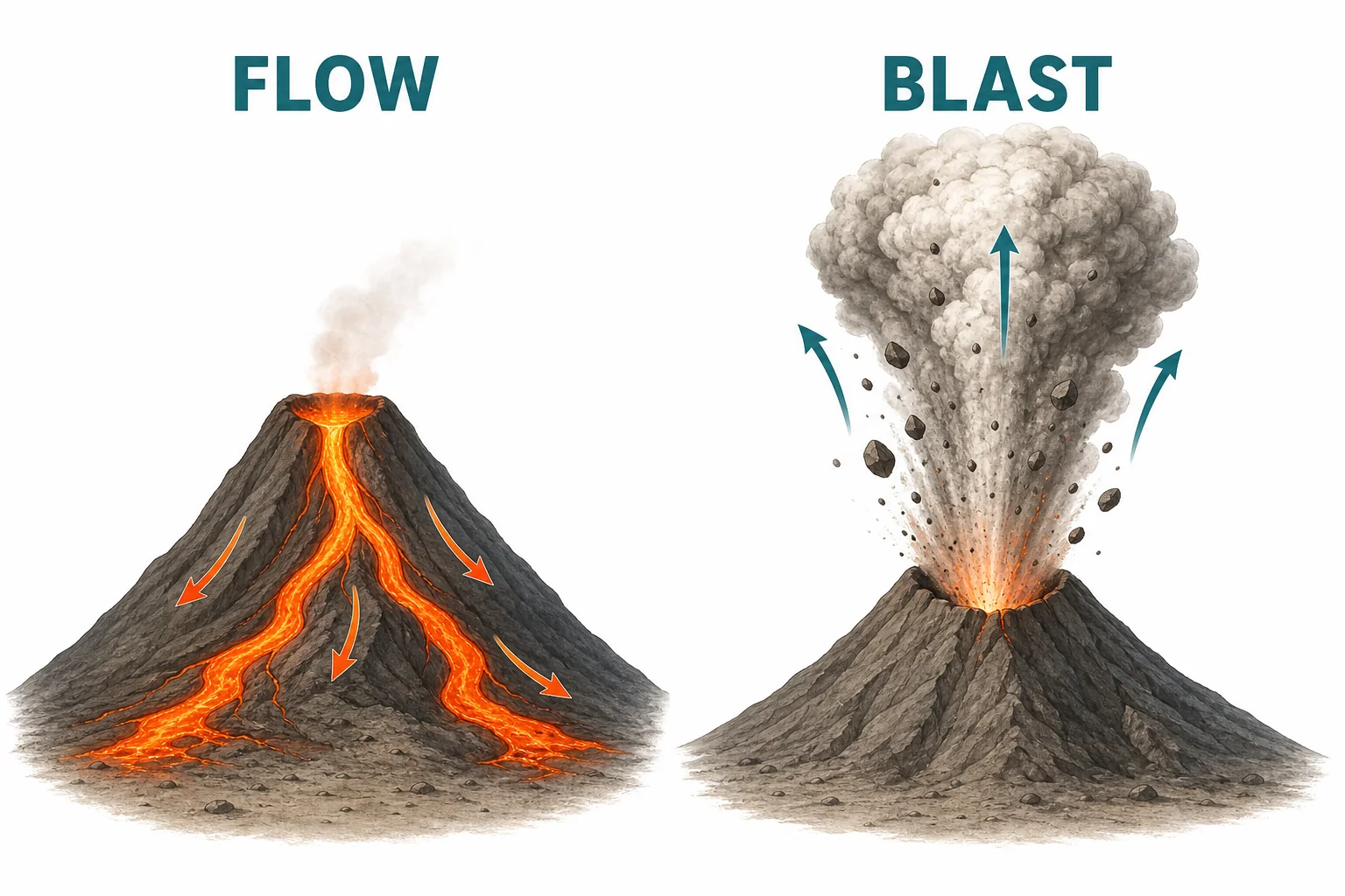 Side-by-side volcanic eruption styles showing a lava flow and an ash plume