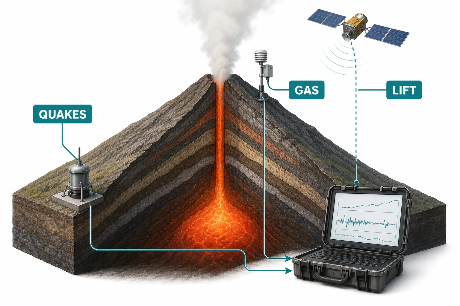 Volcano monitoring scene with sensors measuring earthquakes, gas, and ground swelling
