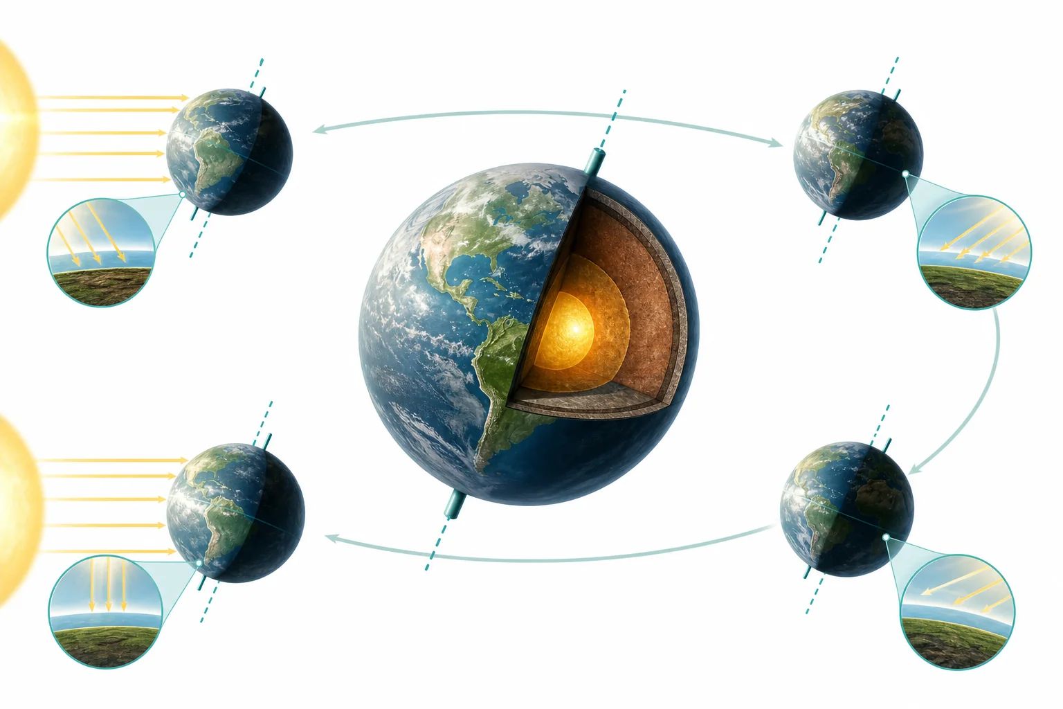 Earth orbiting the Sun with its axis tilted, showing different sunlight patterns in the Northern and Southern Hemispheres.