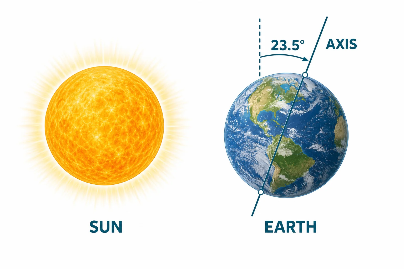 Diagram of Earth with a tilted axis next to the Sun, showing the axis leaning about 23.5 degrees.