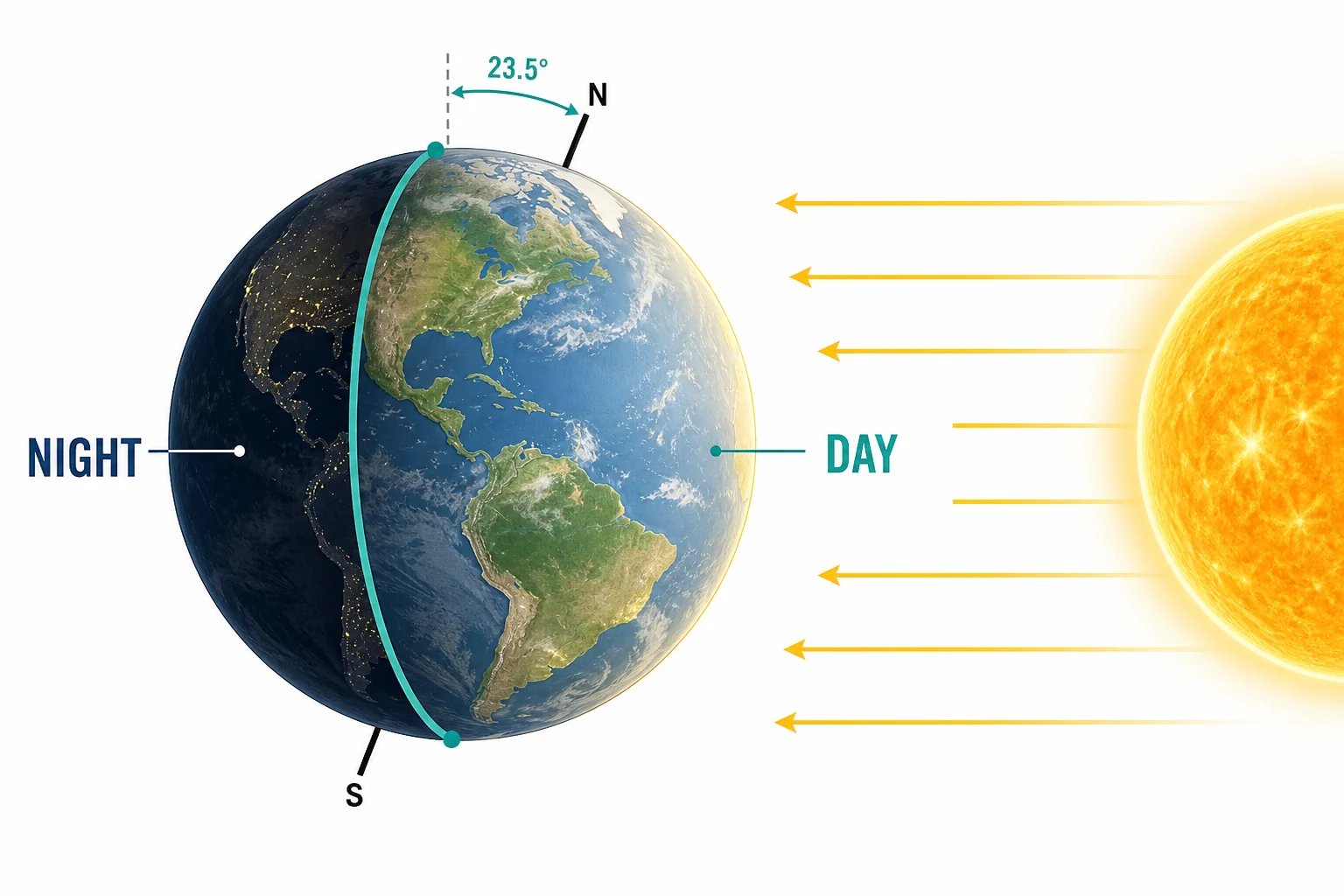 Earth shown with the Northern Hemisphere tilted toward the Sun, with a longer daylight arc and shorter night arc.