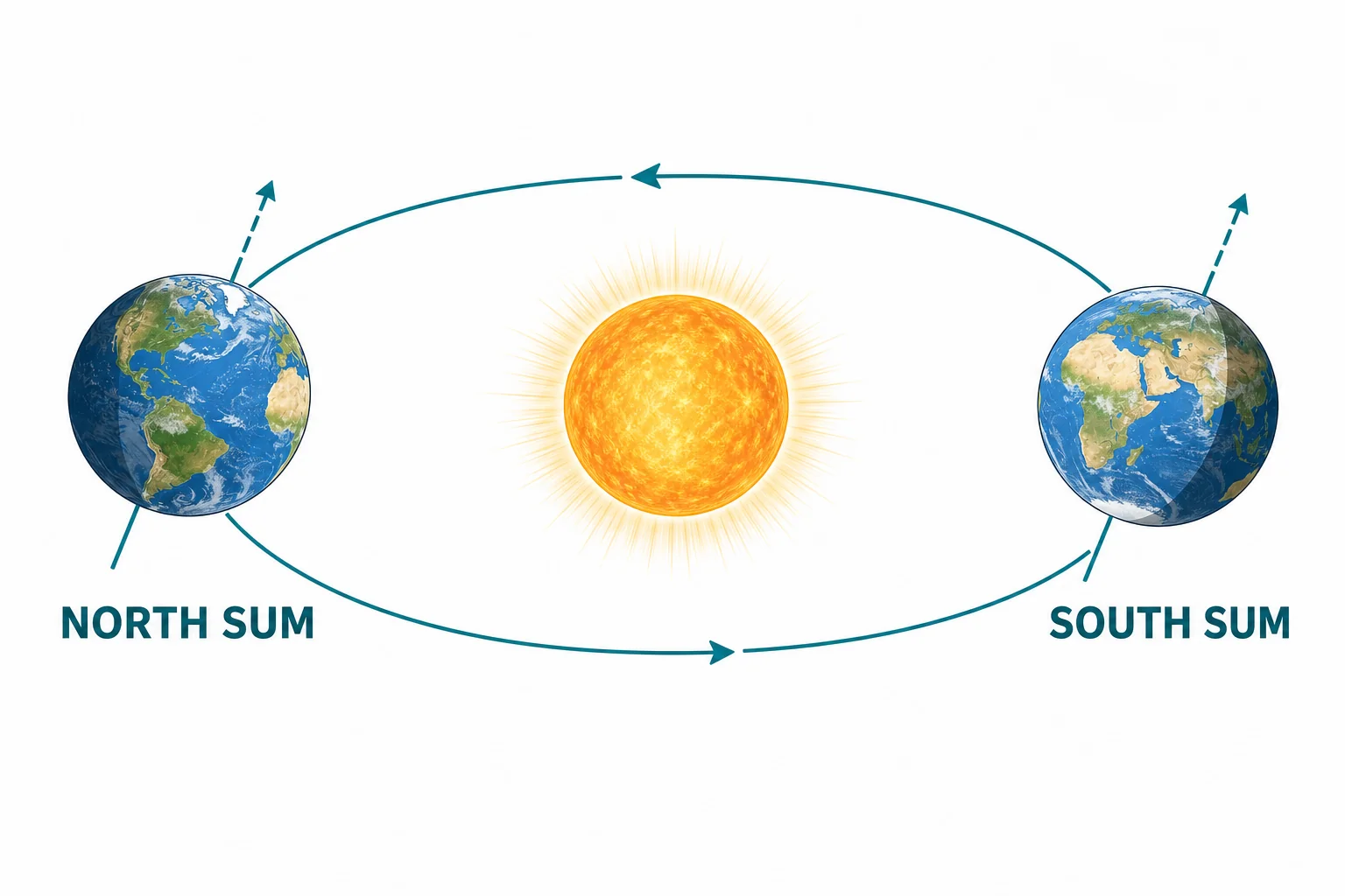 Earth at two opposite points in its orbit showing Northern Hemisphere summer on one side and Southern Hemisphere summer on the other.