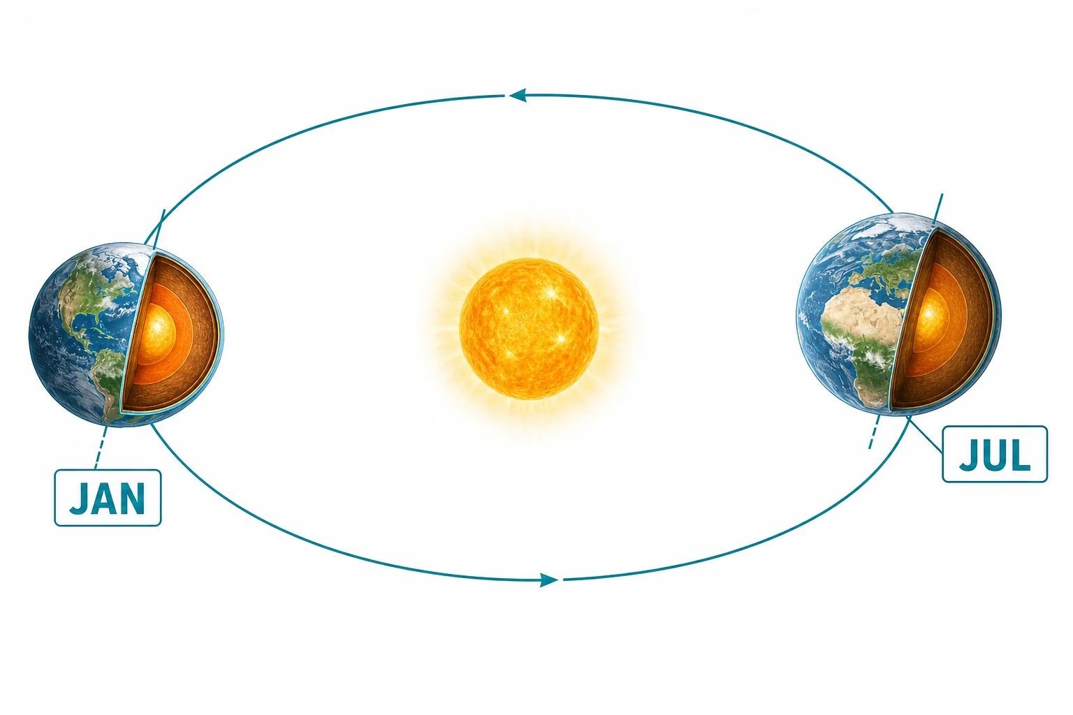 Nearly circular Earth orbit around the Sun with labels showing closest point in January and farthest point in July.