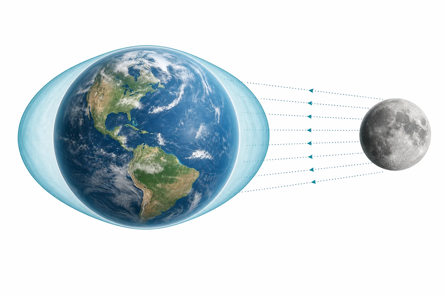 Earth, the Moon, and ocean tide bulges shown as a simple science diagram