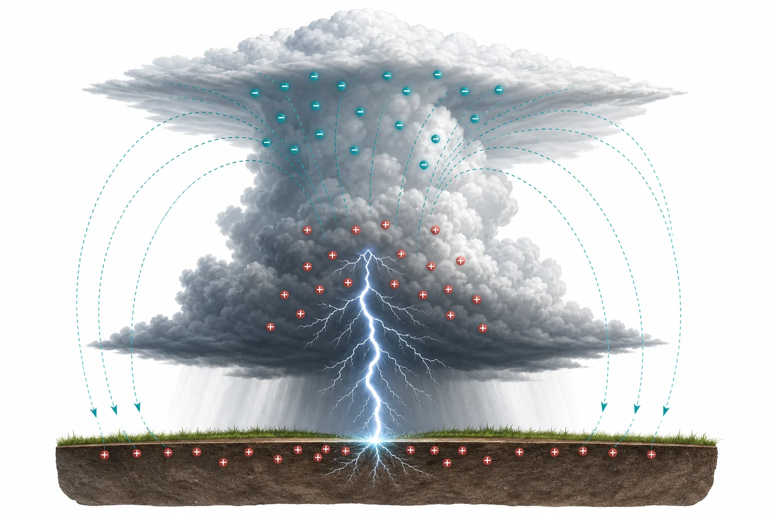 A thunderstorm cloud with separated electric charges and a lightning channel reaching toward the ground
