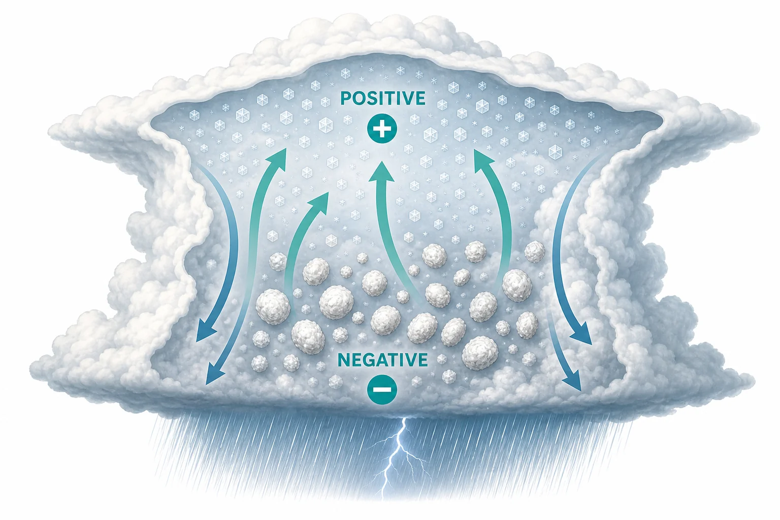 A cross section of a thunderstorm cloud showing positive charge near the top and negative charge lower in the cloud