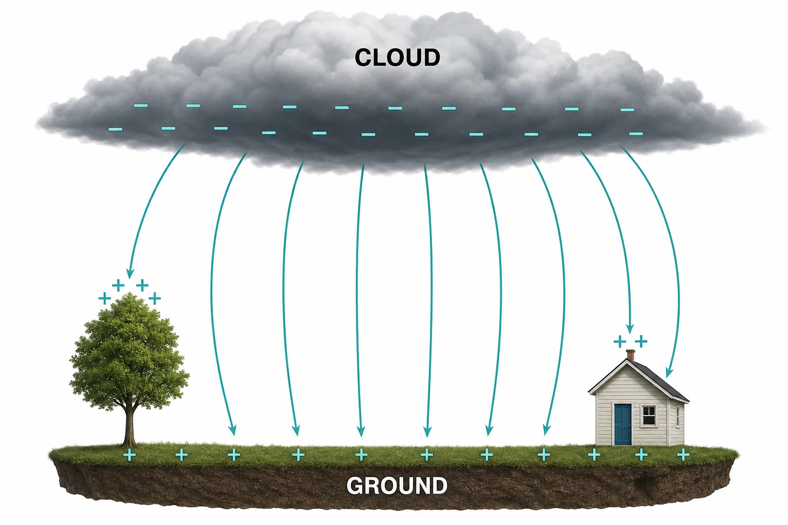 A negatively charged cloud base above the ground with positive charge gathered near trees and buildings