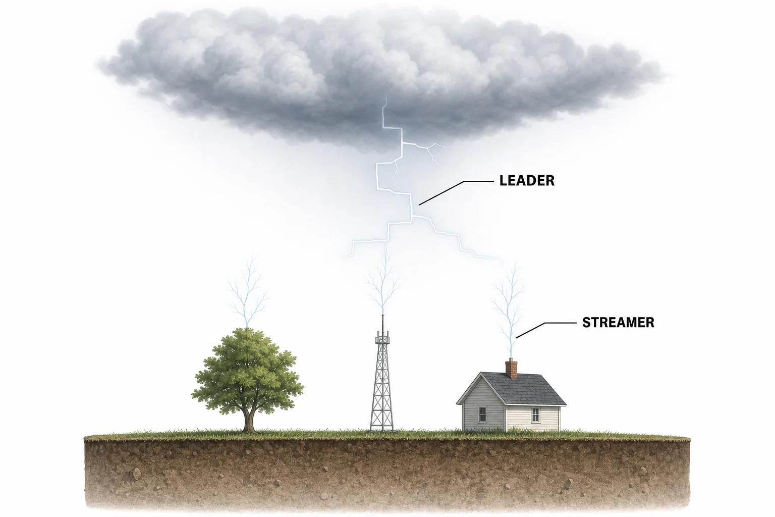 A faint branching lightning leader moving downward from a cloud and small streamers rising from tall objects