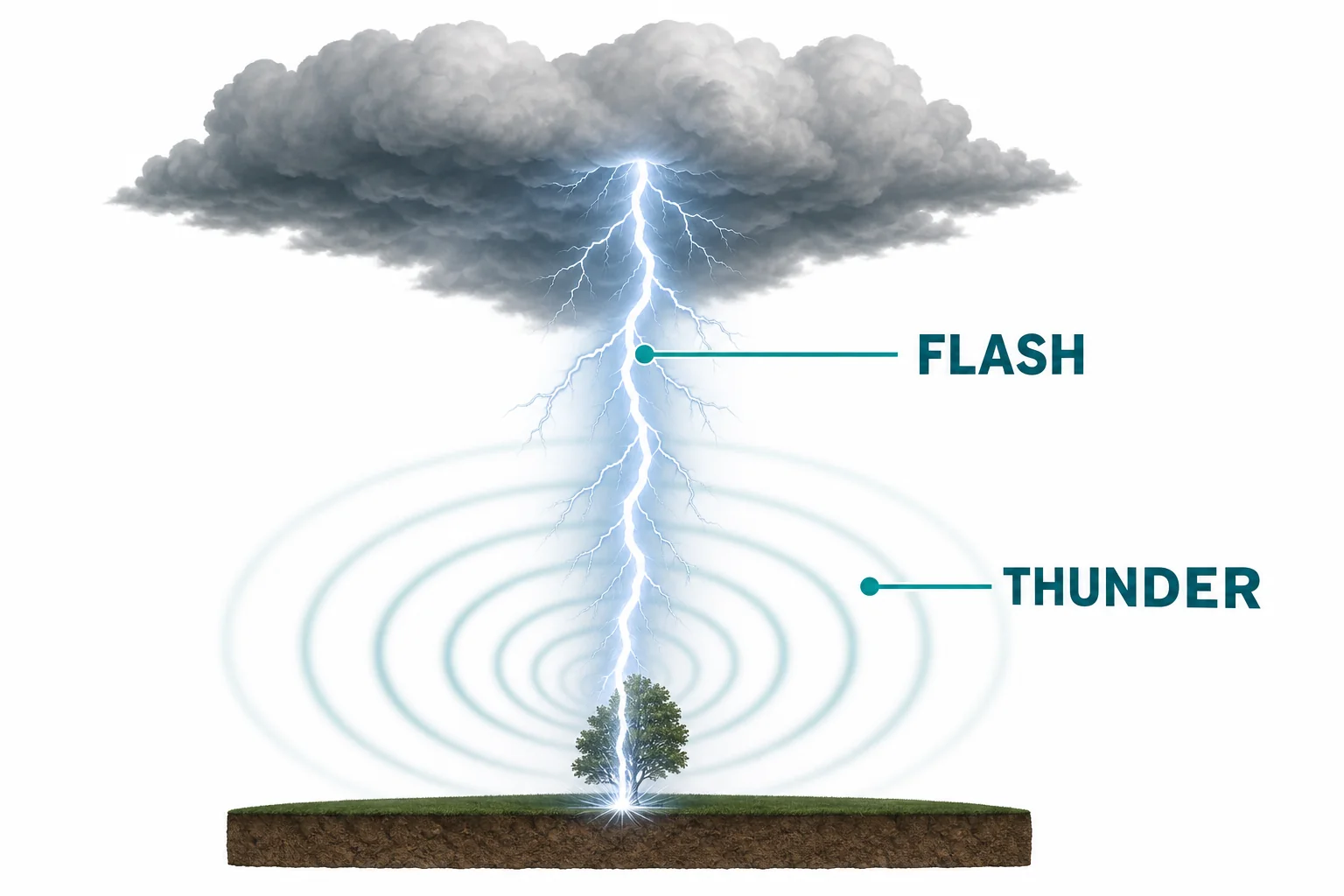 A bright lightning return stroke following a completed channel between a cloud and the ground, with expanding air rings