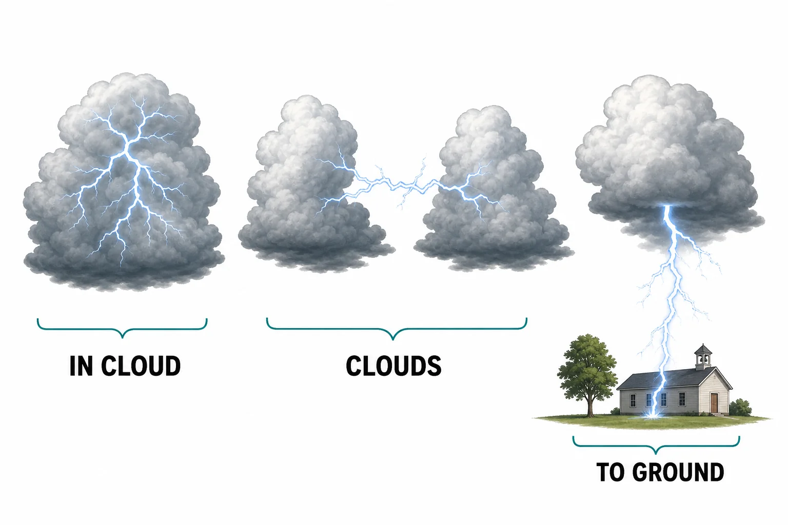 Different lightning paths including cloud-to-cloud, within-cloud, and cloud-to-ground lightning