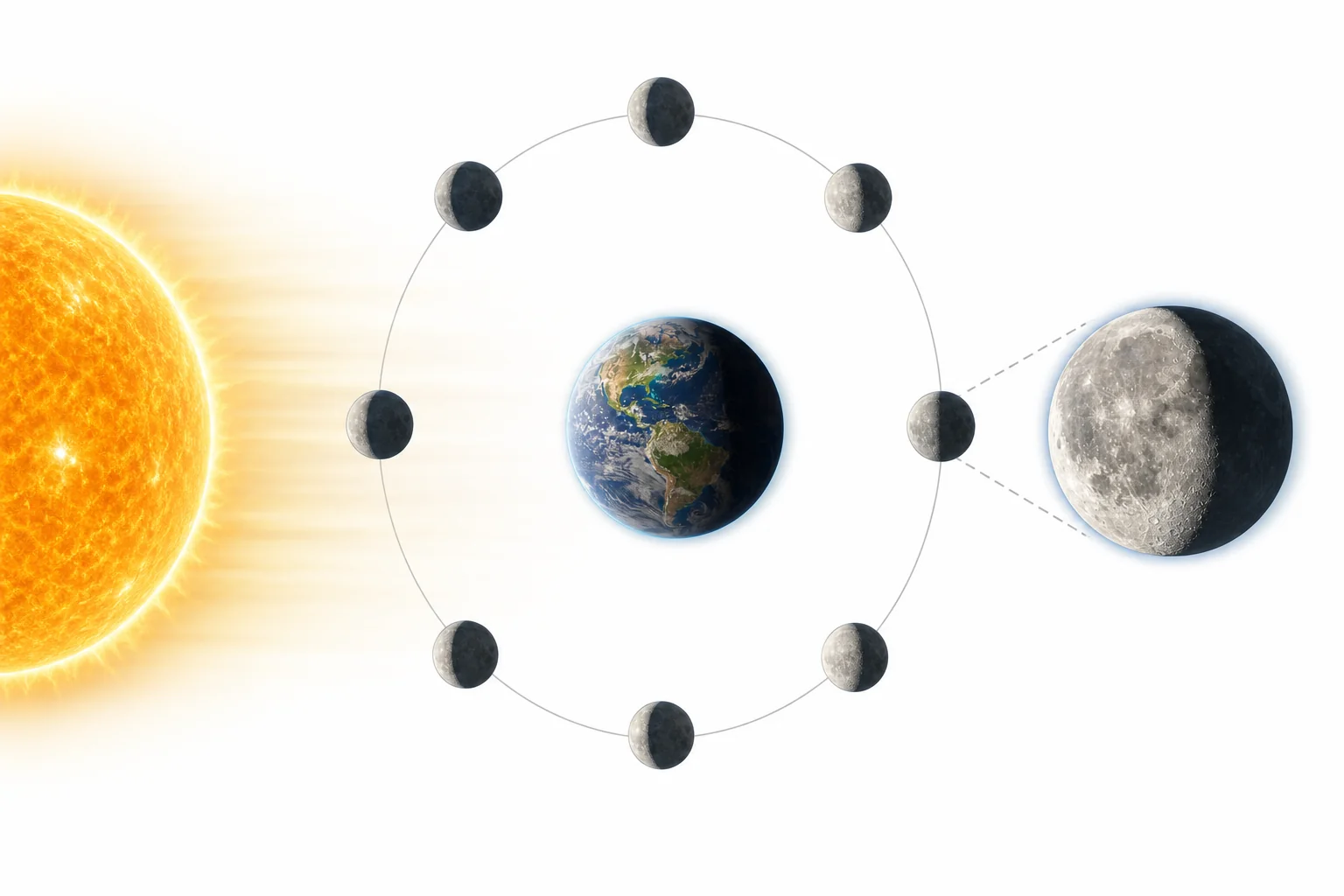 The Moon shown in several phases as it orbits Earth, with sunlight coming from one side.