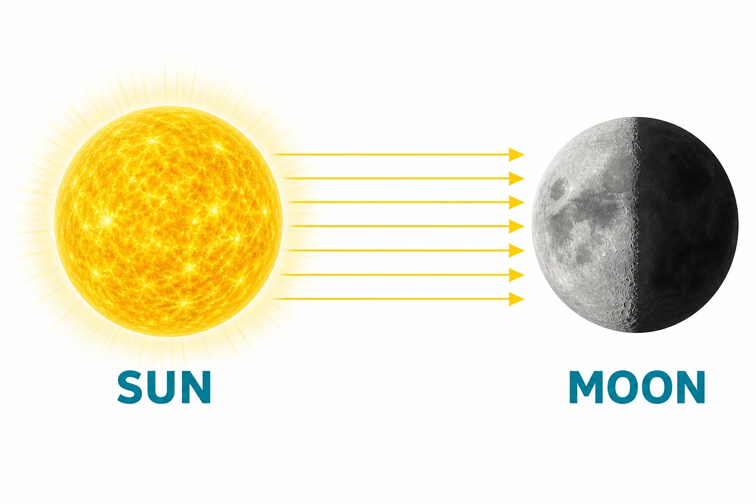 The Sun shining on the Moon, with the half facing the Sun lit and the far half dark.