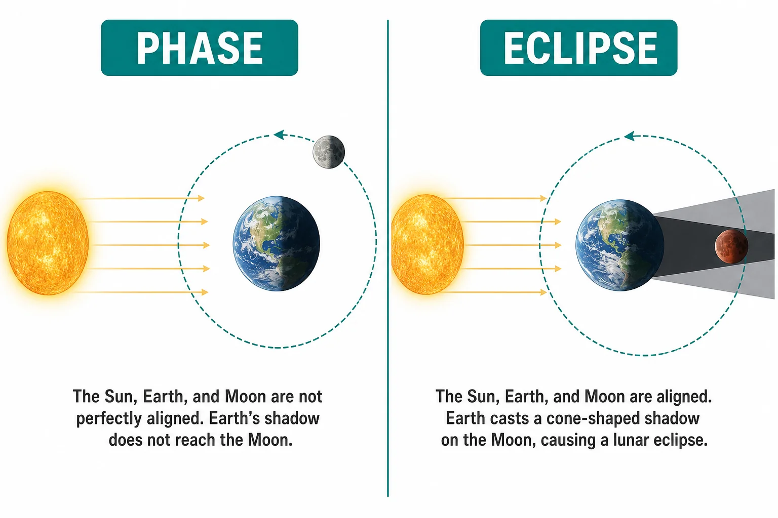 Comparison of a normal moon phase geometry and a lunar eclipse geometry with Earth shadow reaching the Moon.