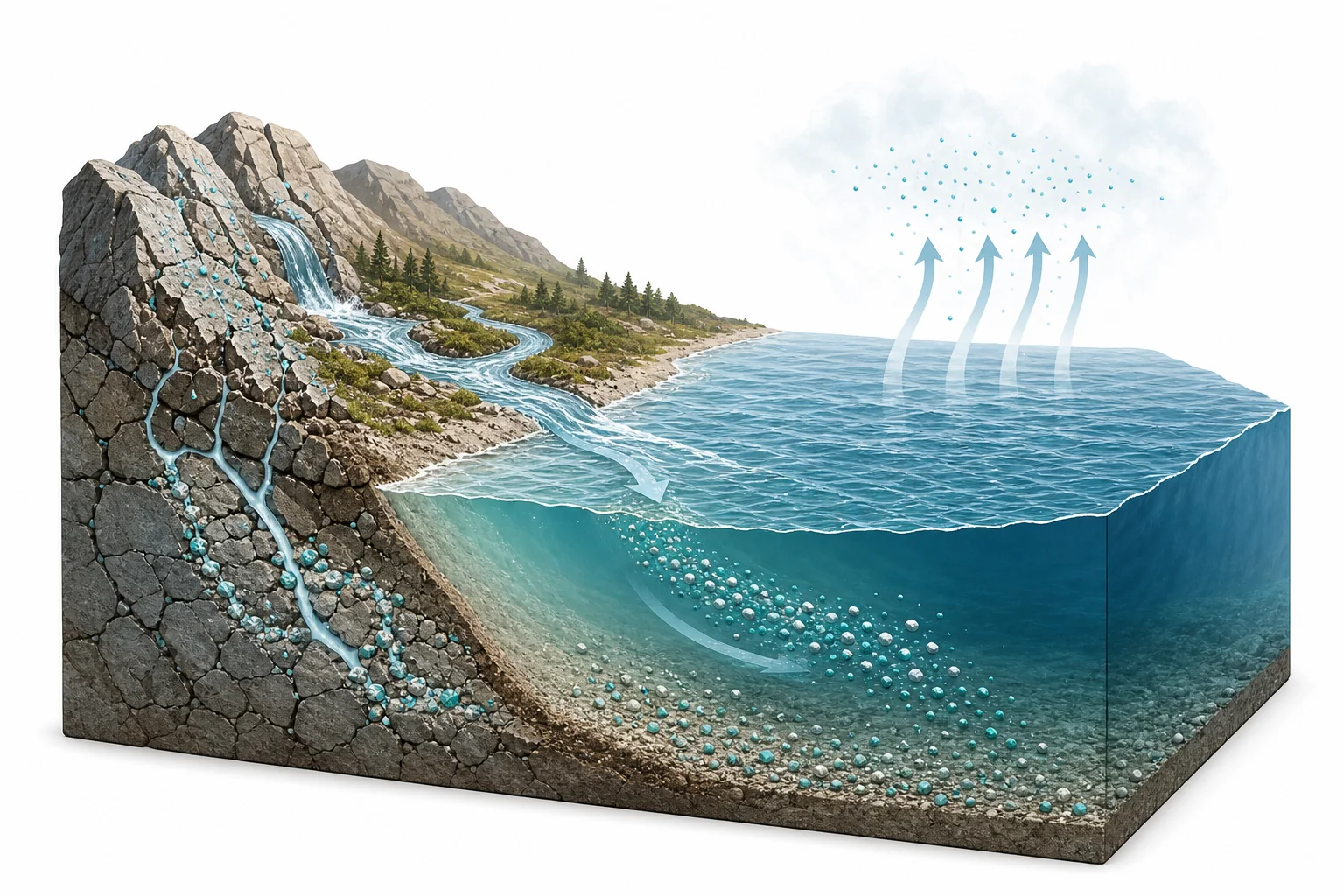 Diagram of rain weathering rocks, rivers carrying dissolved minerals, and the ocean concentrating salts as water evaporates