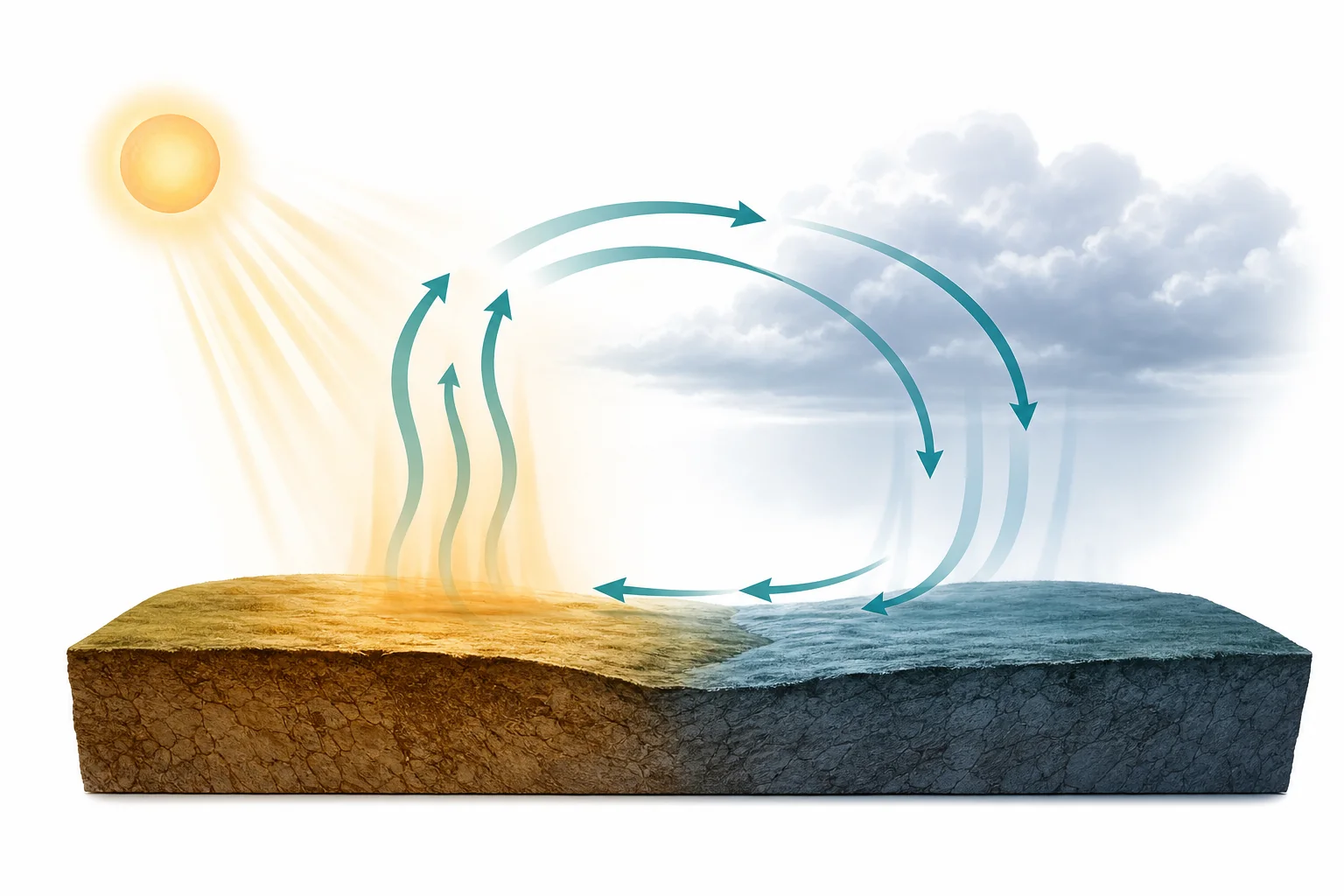 Diagram of moving air over land and ocean showing wind as part of Earth's atmosphere