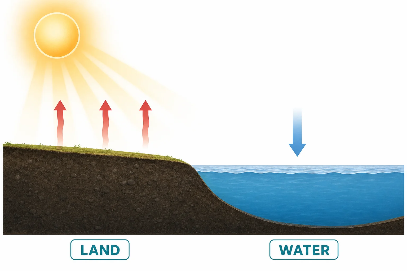 Sunlight warming land more than water, with warm air rising over land and cooler air near water