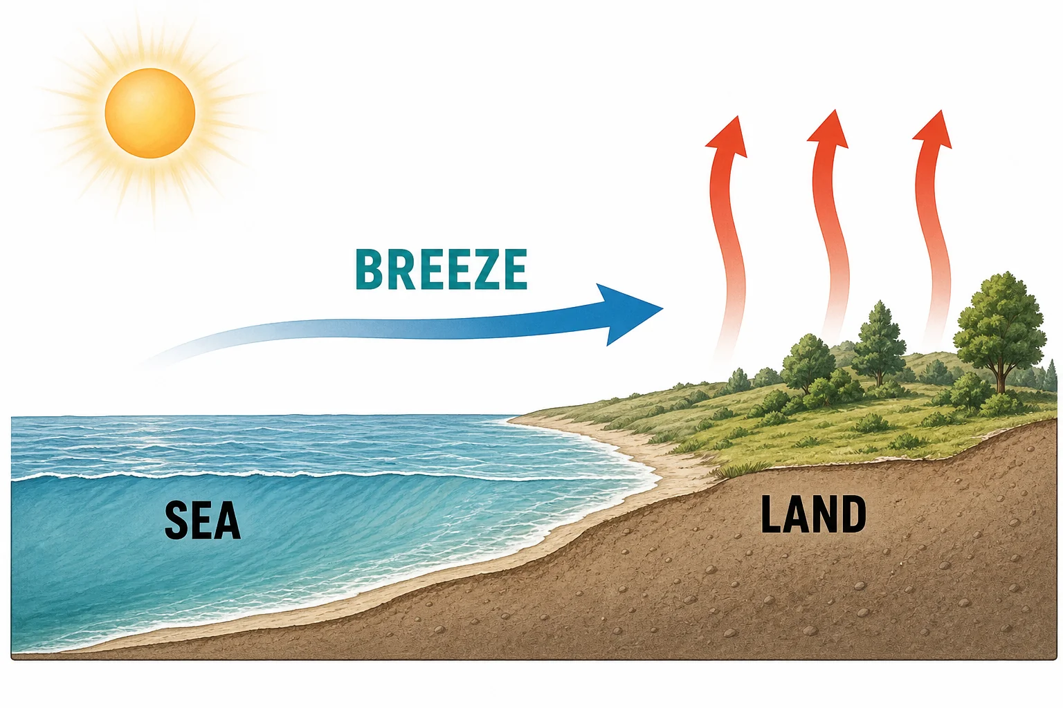 Daytime coast showing a sea breeze moving from ocean to land as warm air rises over land