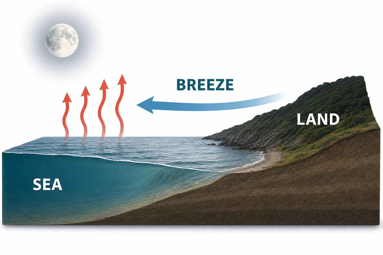 Nighttime coast showing a land breeze moving from land to ocean as warm air rises over water
