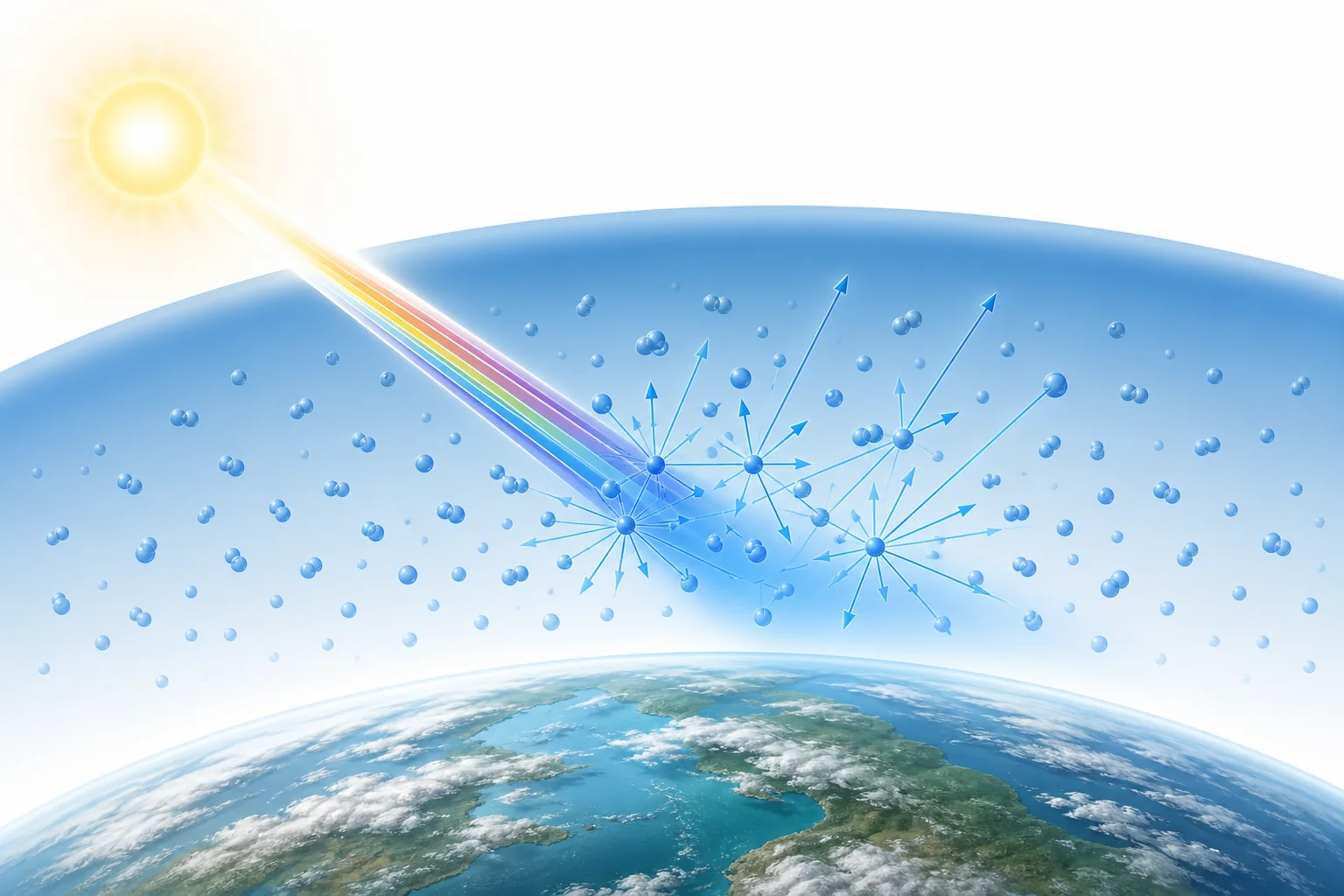 Sunlight entering Earth's atmosphere and scattering blue light in many directions while redder light travels more directly.