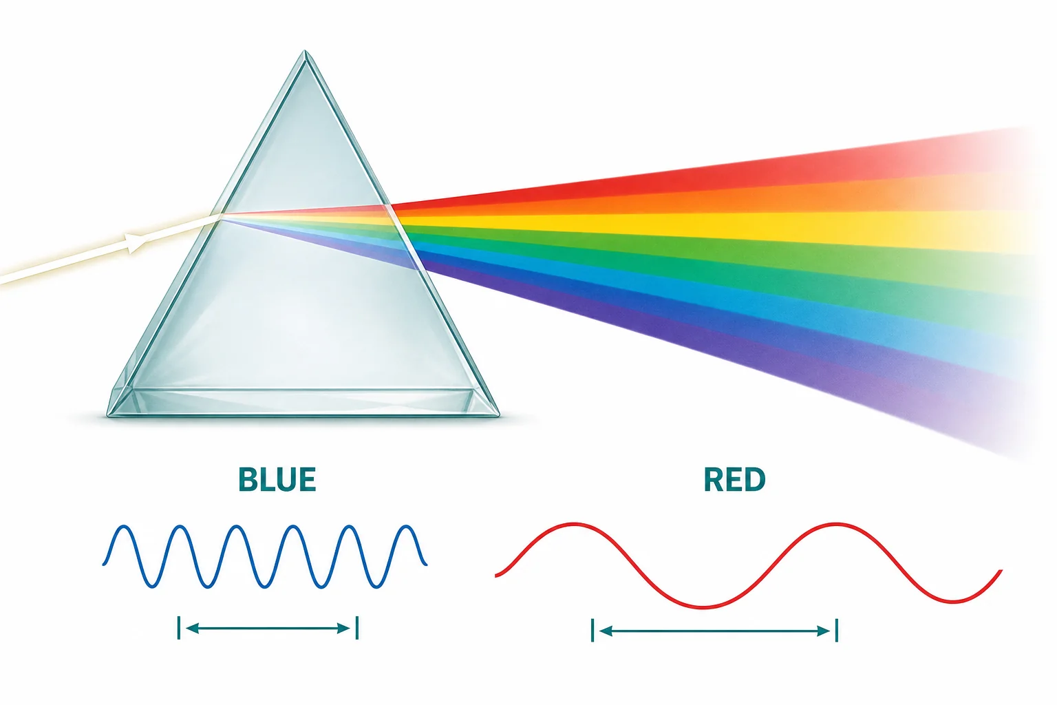 White sunlight entering a prism and separating into visible colors with shorter blue wavelengths and longer red wavelengths shown.