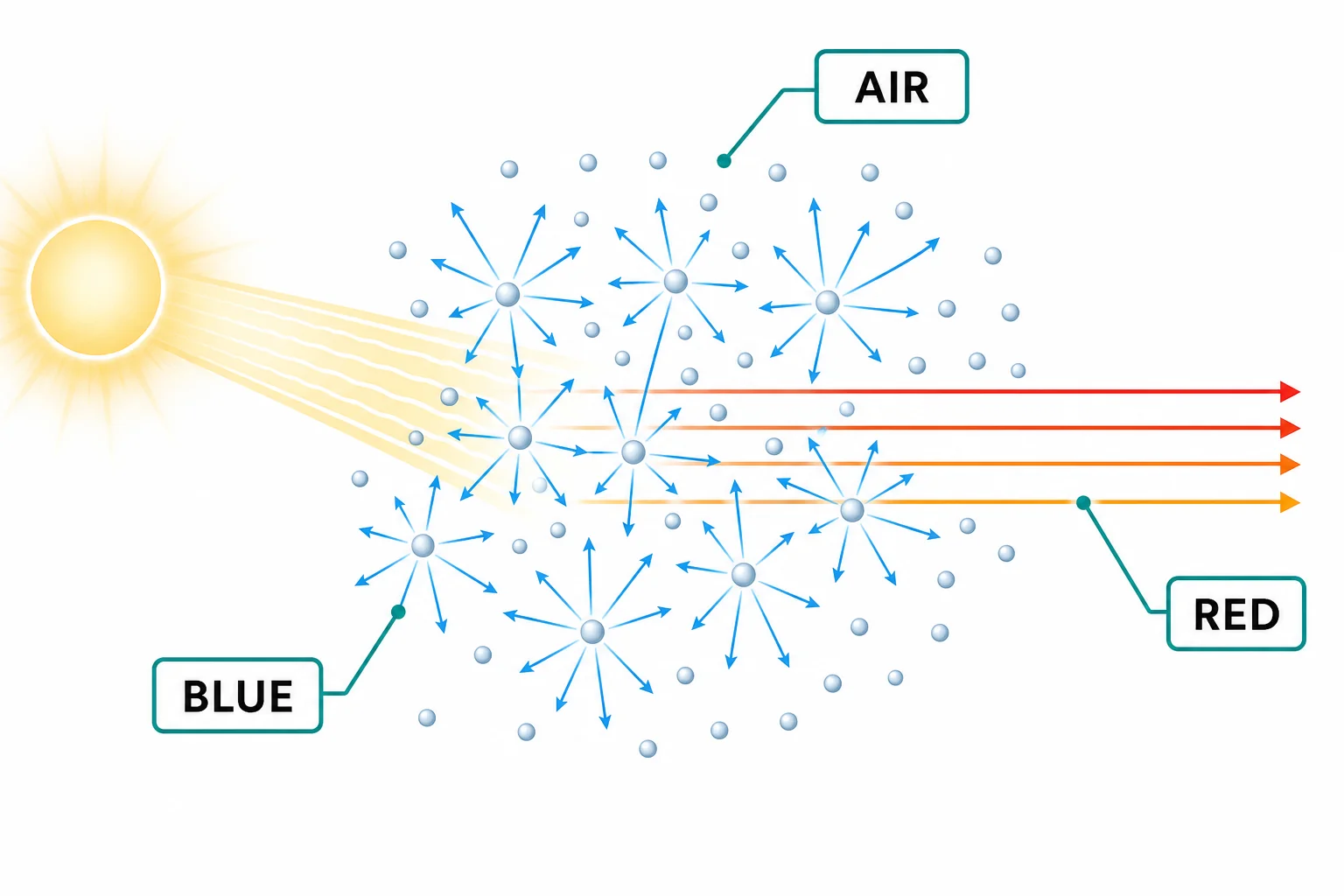 Tiny air molecules scattering incoming sunlight, with blue rays spreading in many directions and red rays traveling mostly forward.