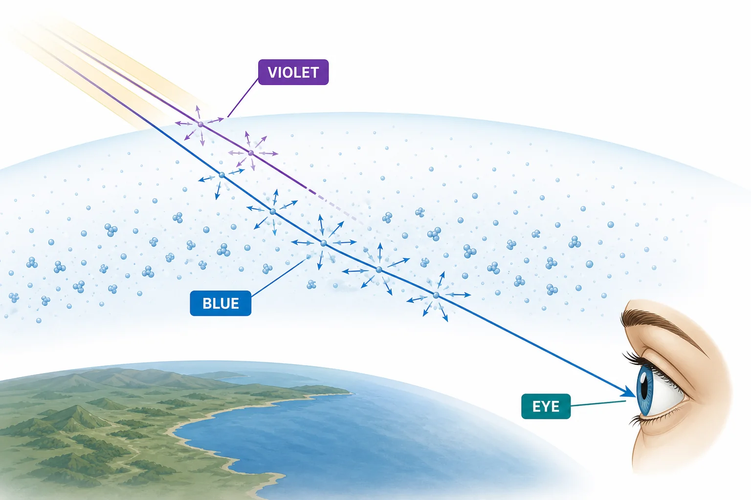 Comparison of violet and blue light in the atmosphere, showing less violet reaching an eye and more blue being detected.