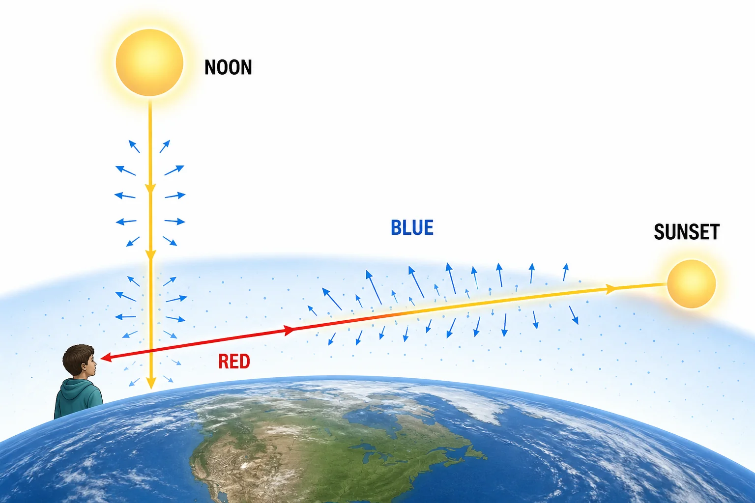 Two sunlight paths through Earth's atmosphere, with a short overhead path and a longer sunset path that loses more blue light.