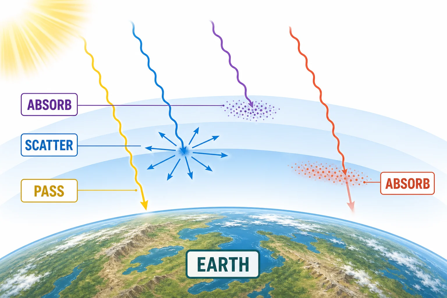 Atmosphere shown as a layer that transmits some visible light, scatters blue light, and absorbs some ultraviolet and infrared energy.