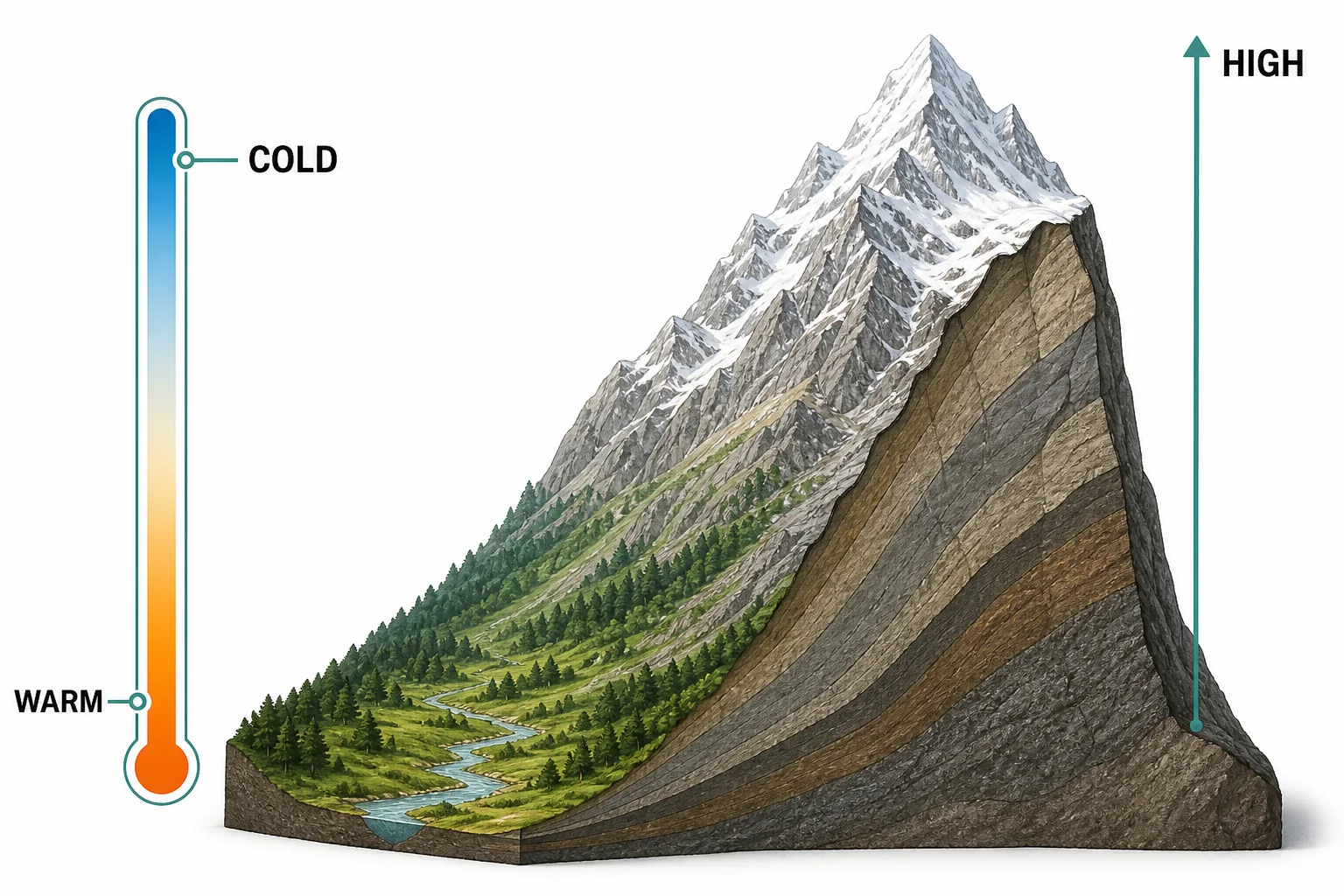 A side view of a mountain with warm air near the valley and colder air near the summit, shown with a simple vertical temperature scale.