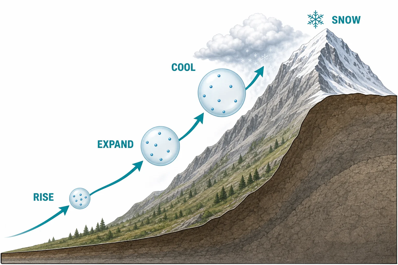 Air moving up a mountain expands in lower pressure, cools, and forms a small cloud near the upper slope.