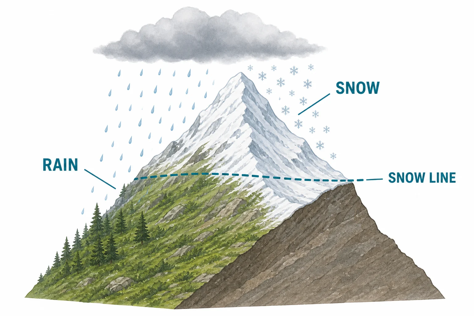 A storm over a mountain shows rain falling on lower slopes and snow falling near the summit, separated by a snow line.