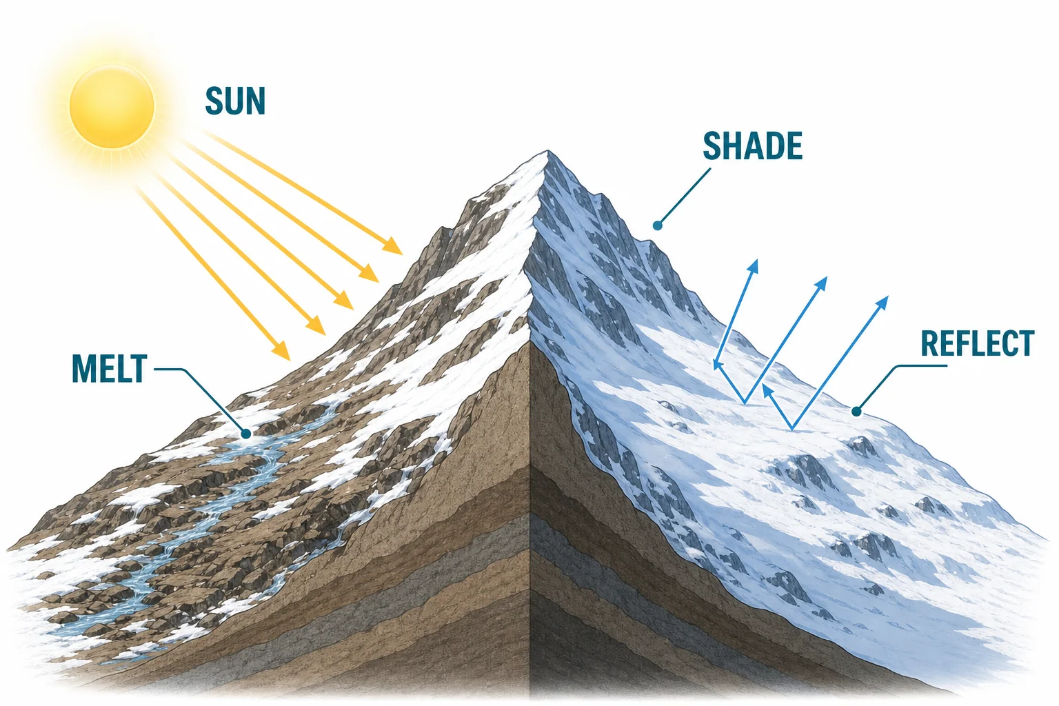 Two slopes at the same height show different melting, with a sunny slope mostly bare and a shaded slope holding snow.