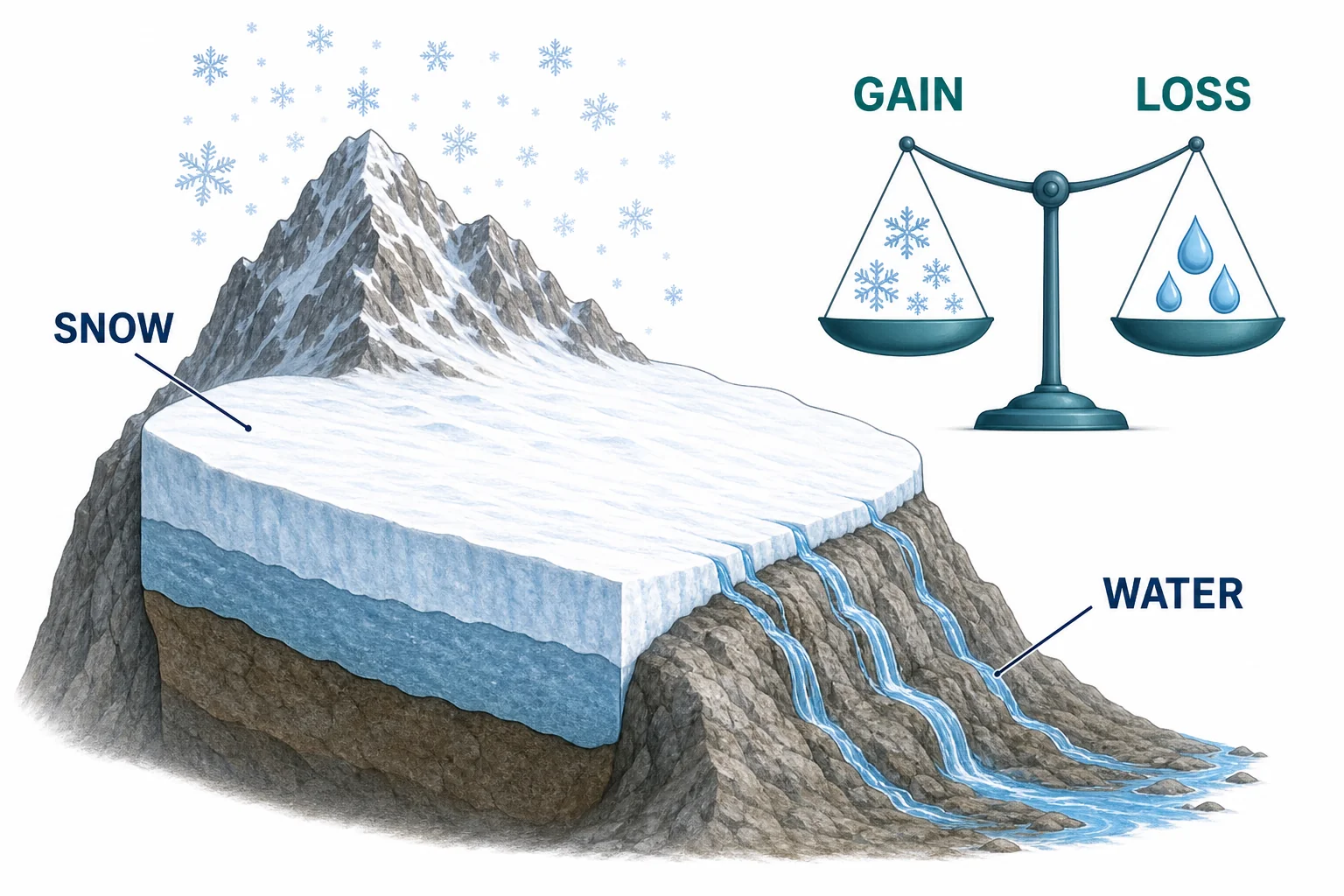 A mountain snowfield diagram shows snowfall adding snow and melting streams removing water from the snowpack.