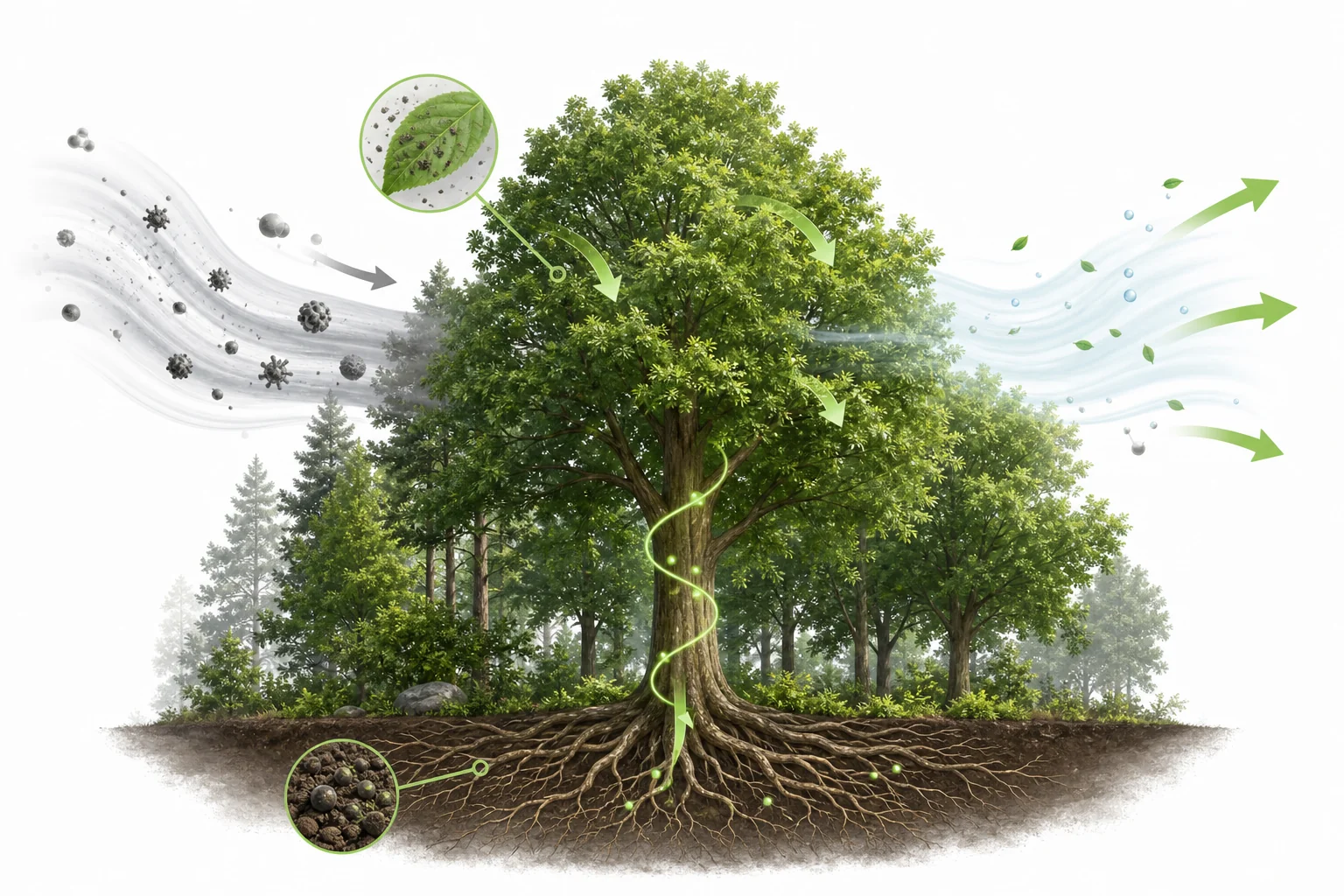 A forest showing leaves taking in carbon dioxide, releasing oxygen, and catching tiny dust particles from the air.