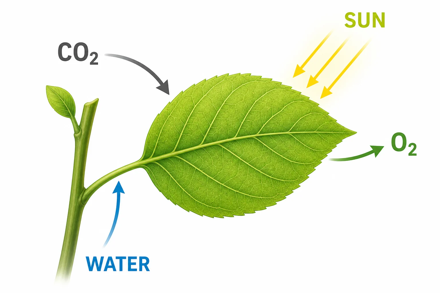A close view of a leaf showing carbon dioxide entering, sunlight reaching the leaf, water arriving from the stem, and oxygen leaving.