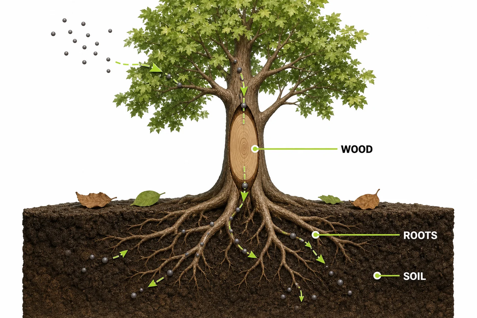 A tree cross section and roots showing carbon stored in the trunk, branches, and soil.