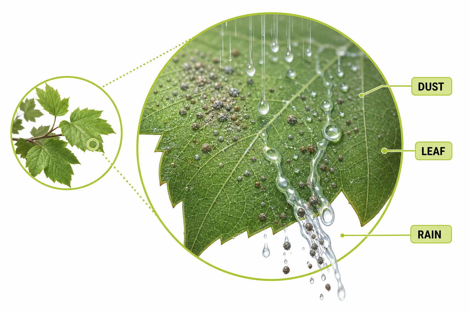 A magnified leaf surface catching dust and smoke particles while rain washes some particles toward the soil.