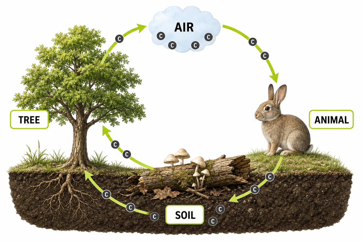 A simple forest carbon cycle showing carbon moving among air, trees, animals, decomposers, and soil.