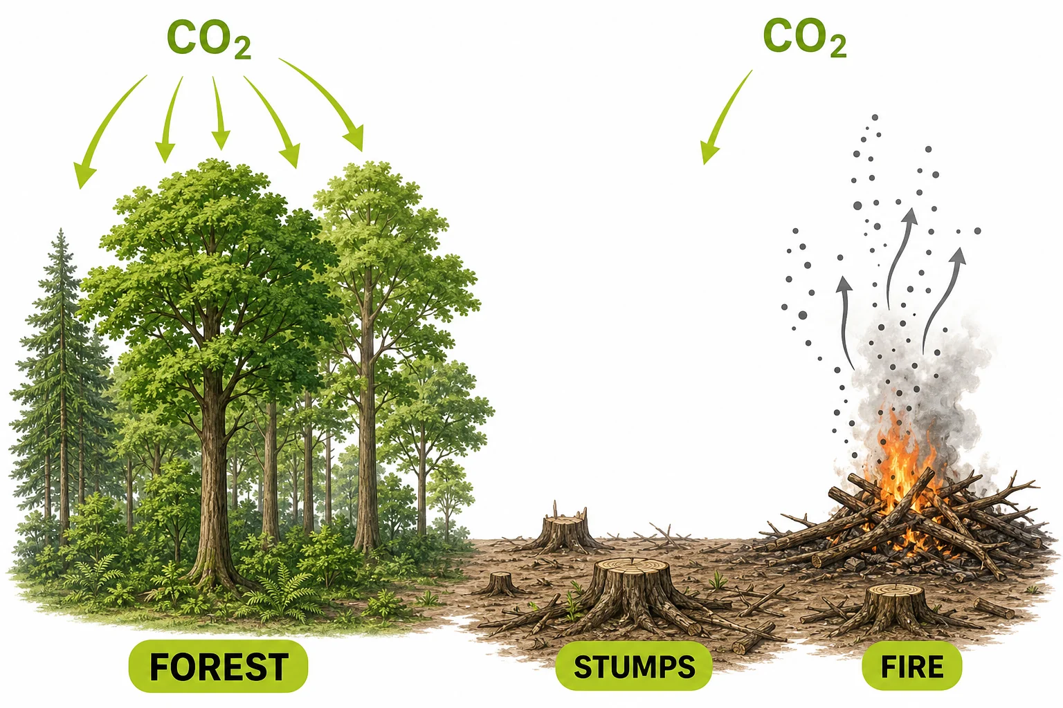 A comparison of a standing forest and a cleared area showing fewer leaves taking in carbon dioxide and stored carbon leaving from burning or decay.
