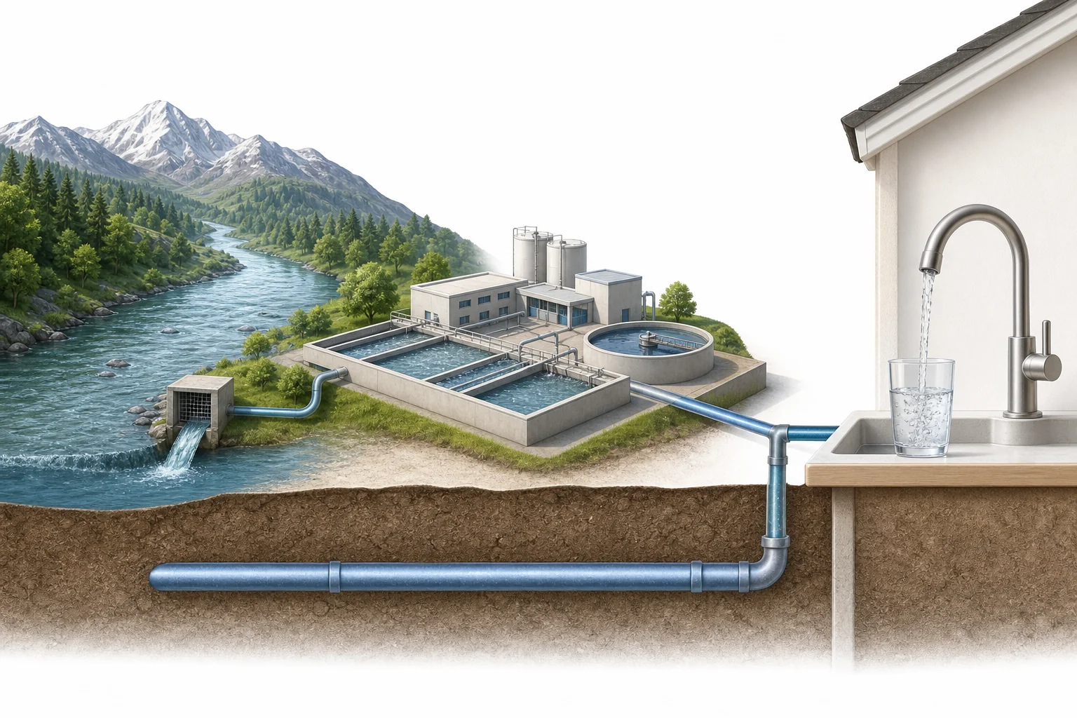 A watershed, water treatment plant, storage tank, pipes, and home faucet shown as connected parts of a drinking water system.