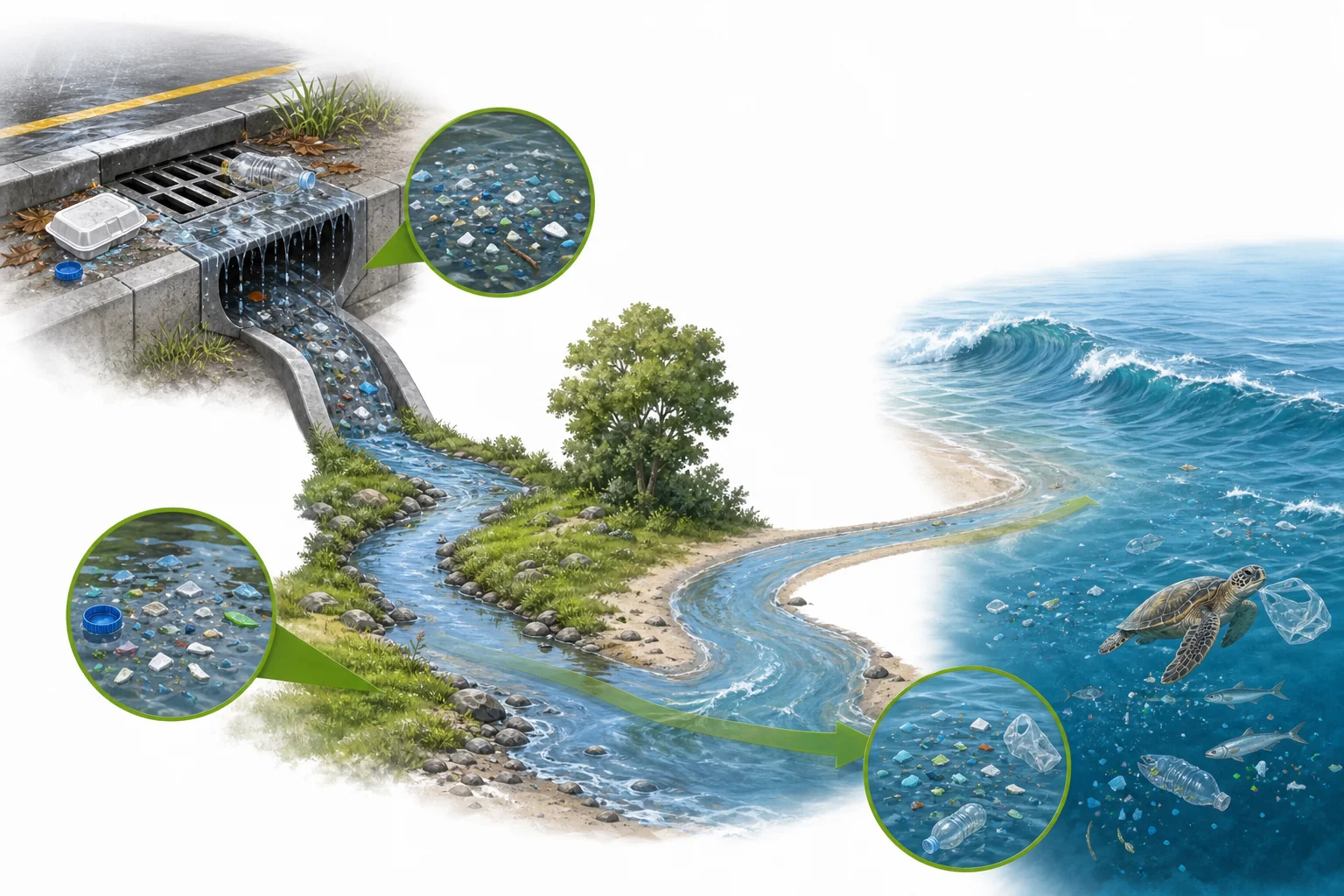 A simple diagram showing plastic litter moving from a street into a storm drain, then through a river and into the ocean