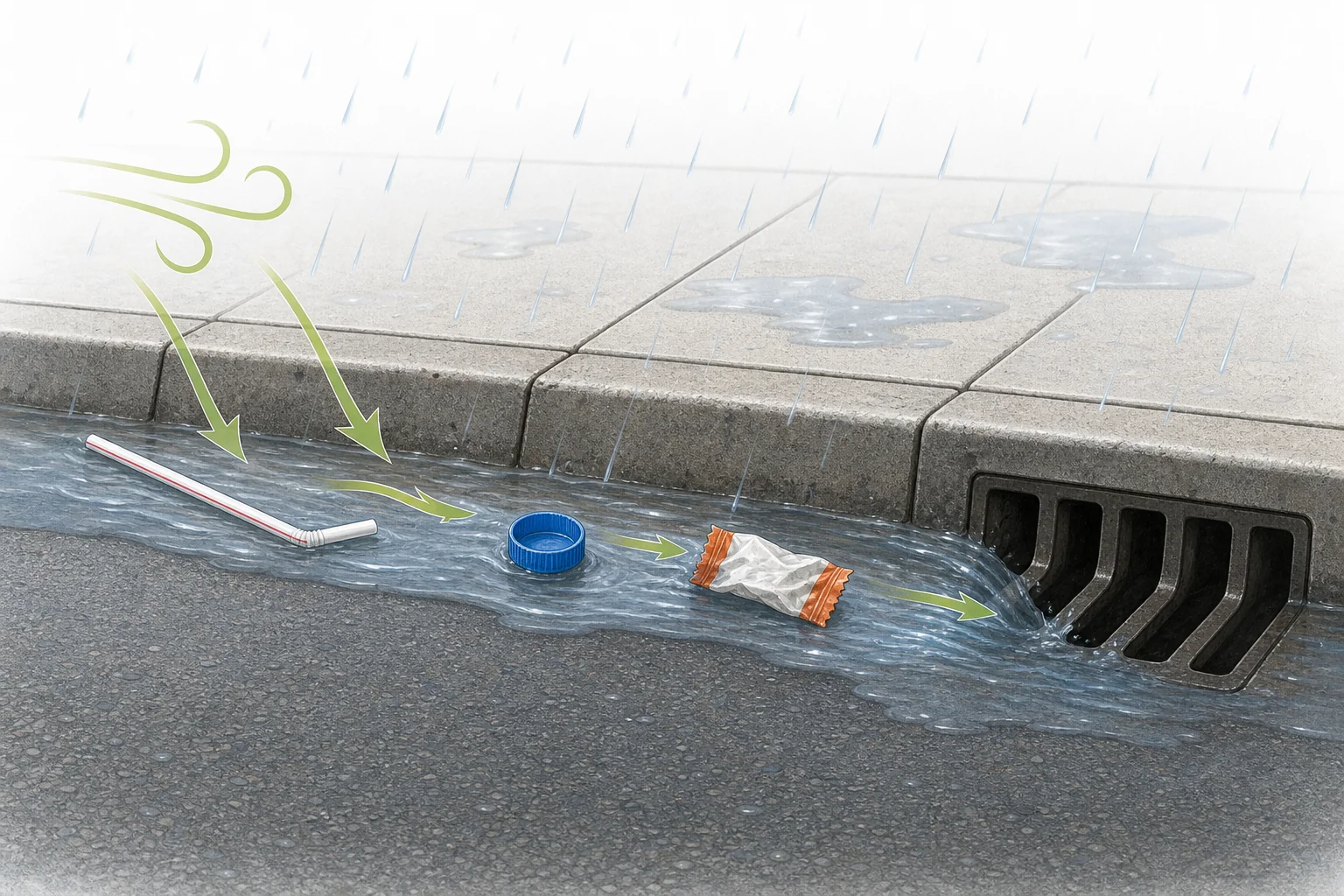Plastic litter on a sidewalk and street being moved by wind and rain toward a curb