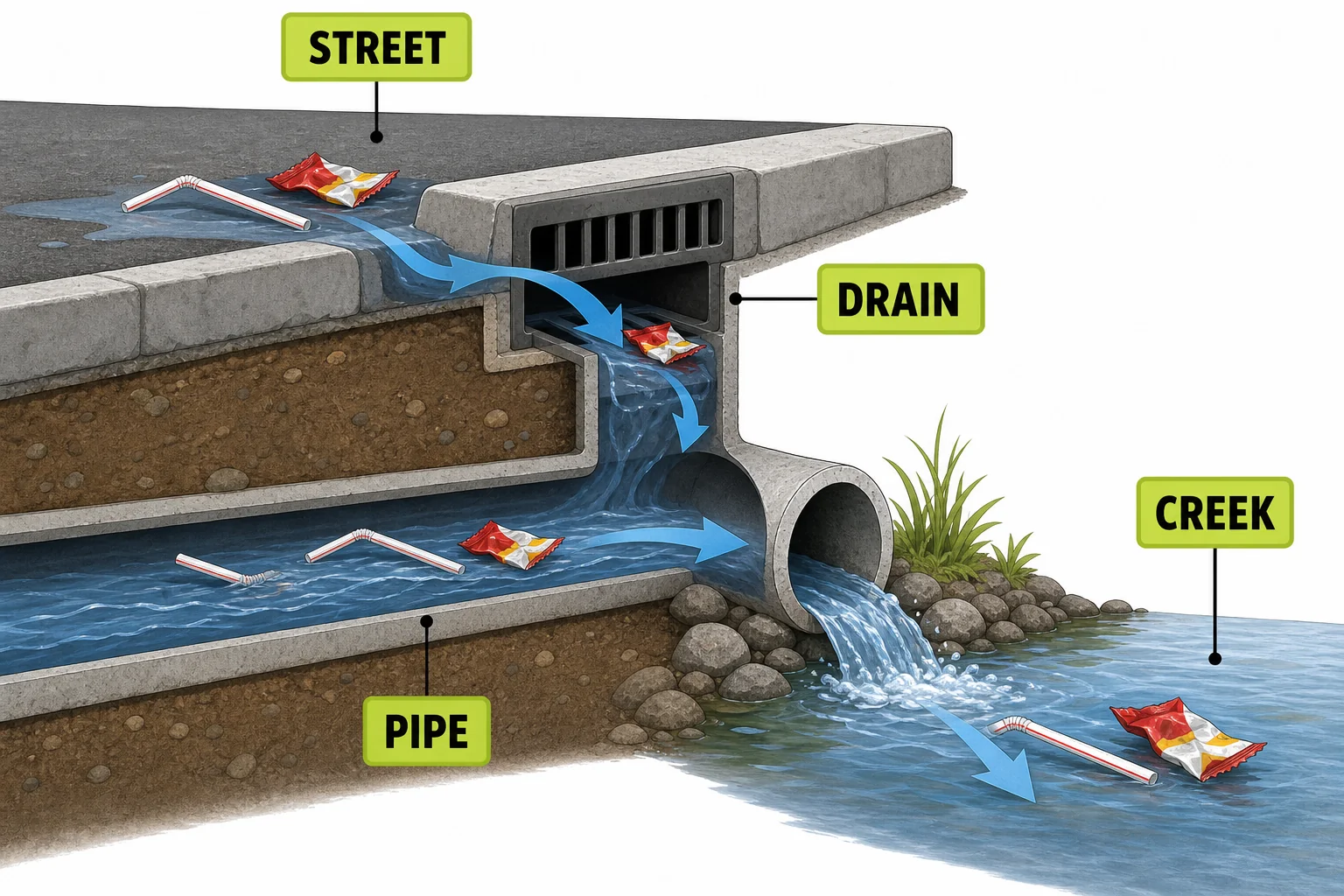 Cutaway diagram of rainwater carrying plastic through a storm drain pipe into a creek