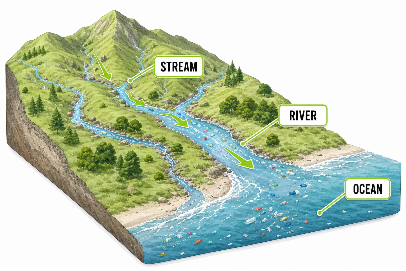 Watershed diagram showing small streams joining a river that carries plastic toward the ocean
