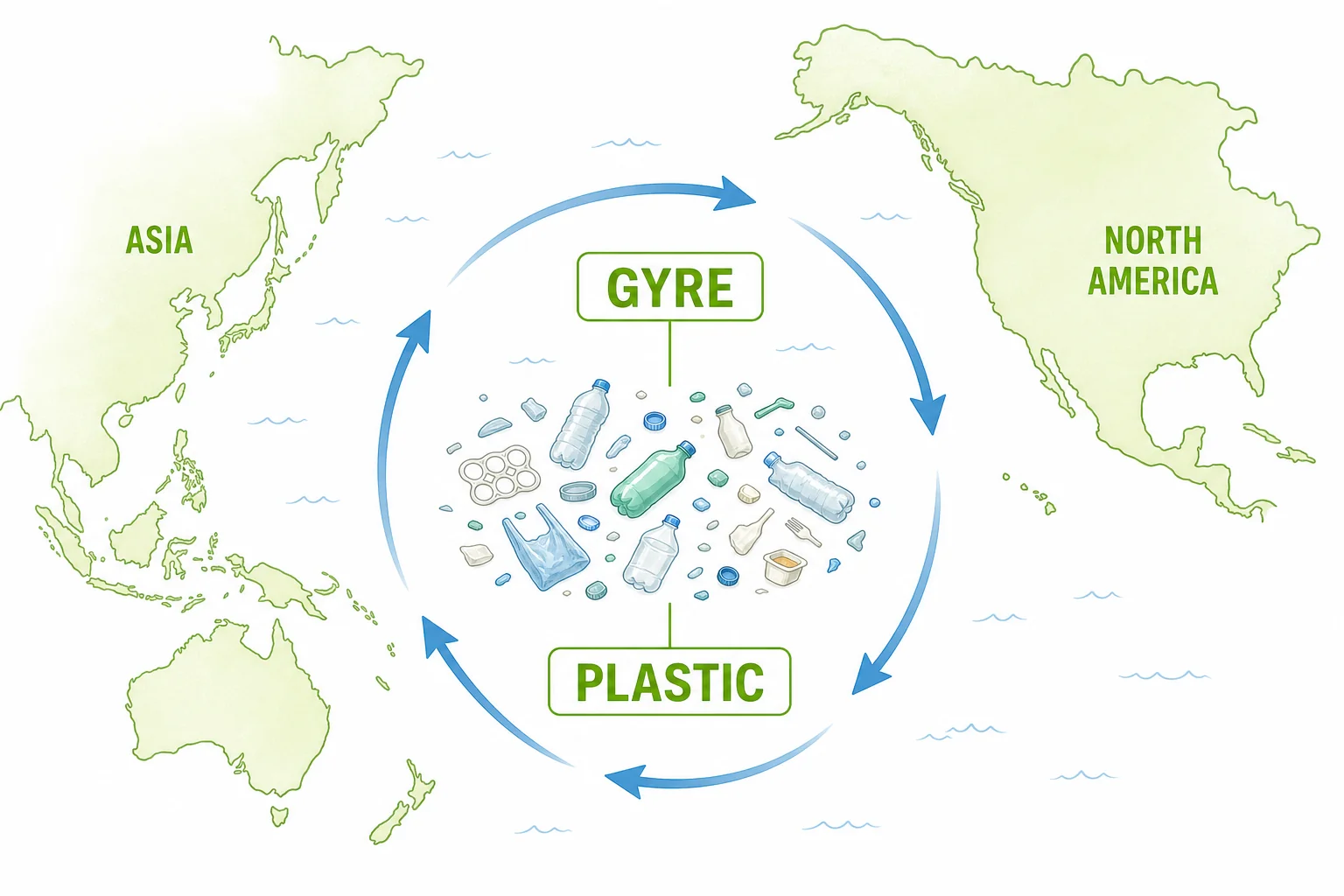 Map-style illustration of ocean currents forming a gyre and gathering floating plastic pieces in the center