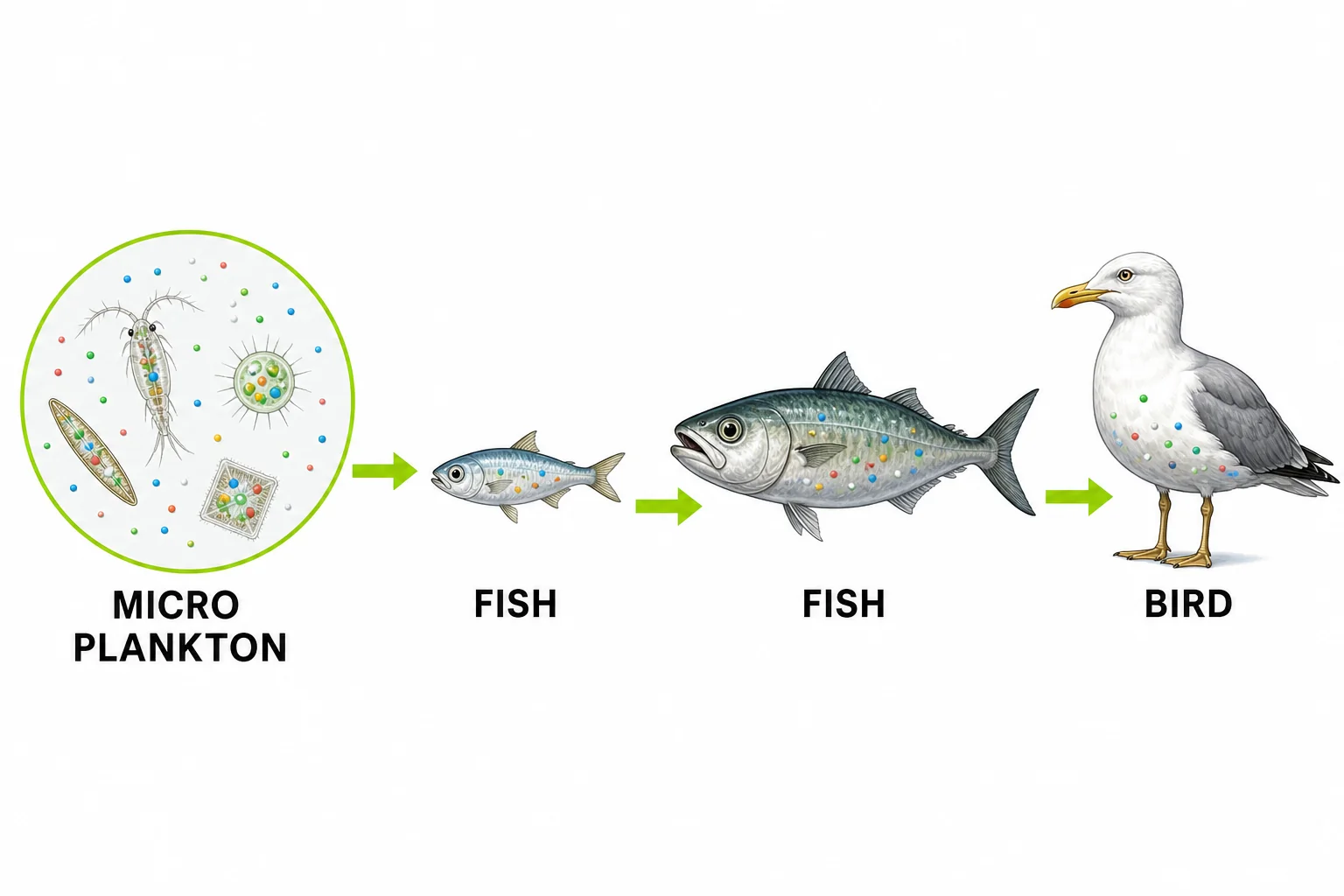 Food web showing microplastics being eaten by tiny animals, then small fish, then a larger fish and seabird